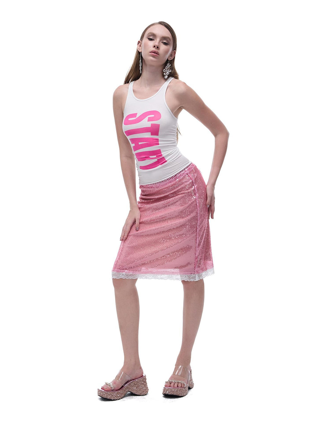 START THE ENGINE Sparkling Sequin Sheer Lace Trim Low Rise Straight Women's Lace Midi Skirts
