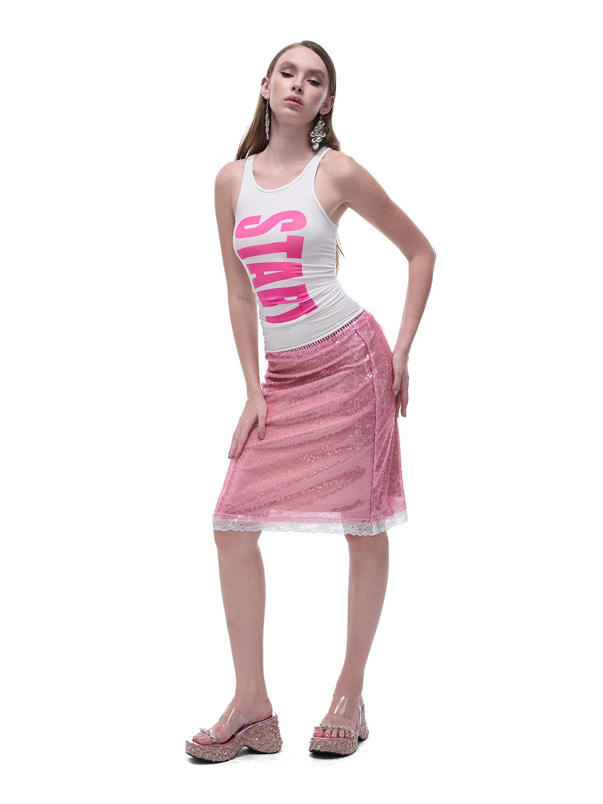 START THE ENGINE Sparkling Sequin Sheer Lace Trim Low Rise Straight Women's Lace Midi Skirts