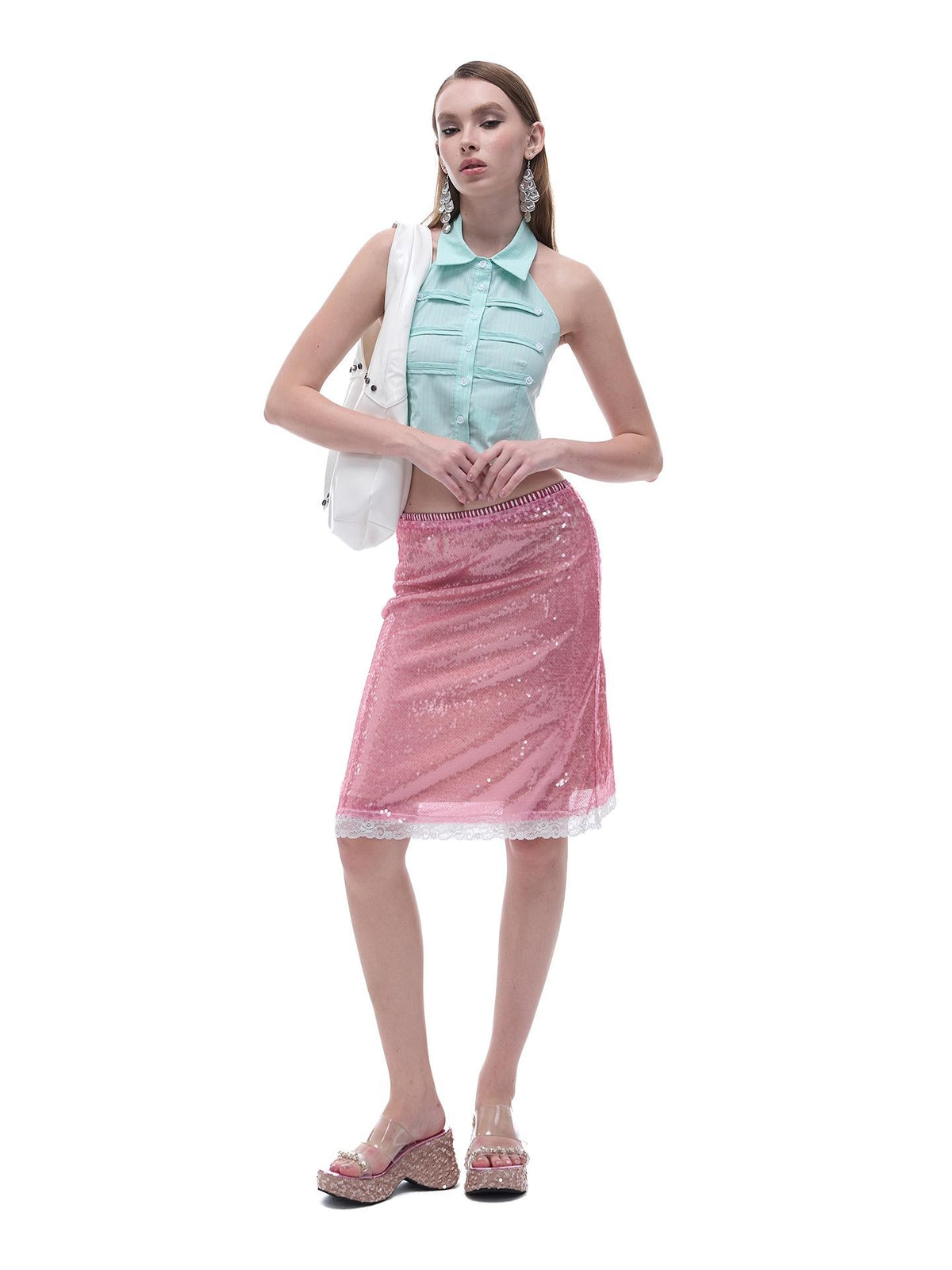 START THE ENGINE Sparkling Sequin Sheer Lace Trim Low Rise Straight Women's Lace Midi Skirts