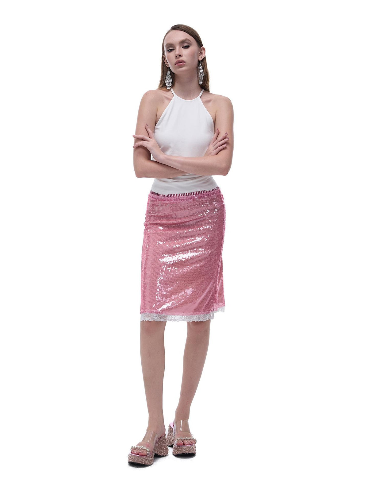 START THE ENGINE Sparkling Sequin Sheer Lace Trim Low Rise Straight Women's Lace Midi Skirts