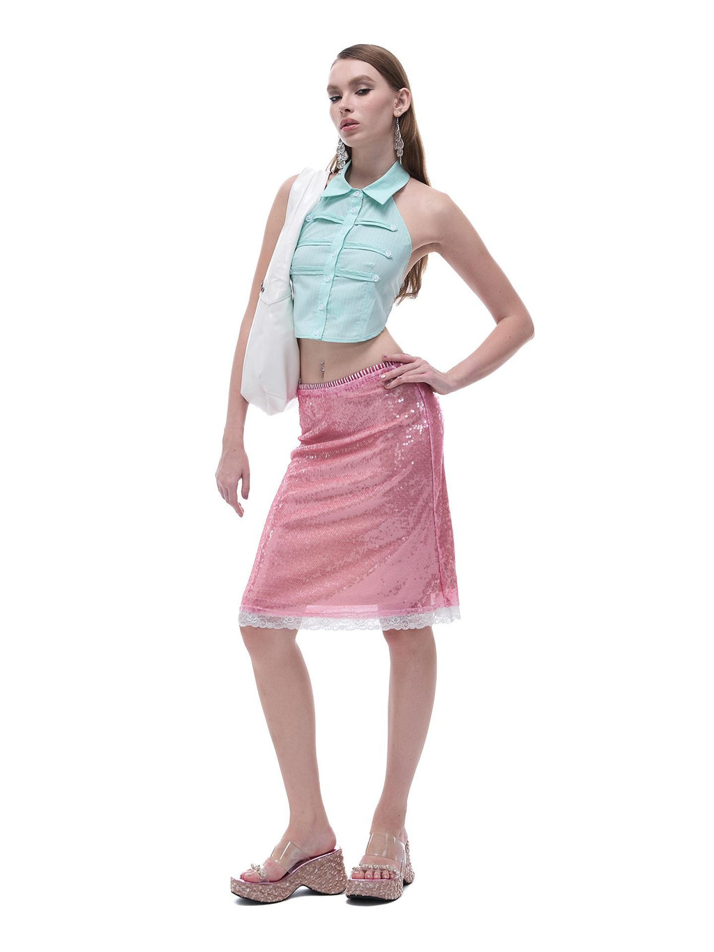 START THE ENGINE Sparkling Sequin Sheer Lace Trim Low Rise Straight Women's Lace Midi Skirts