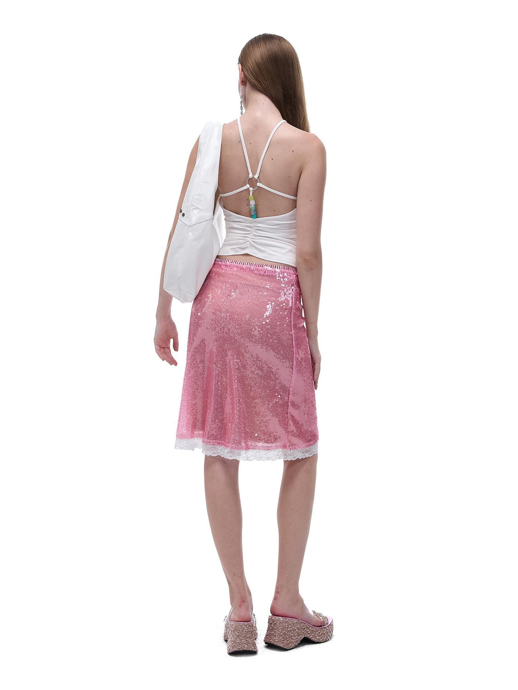 START THE ENGINE Sparkling Sequin Sheer Lace Trim Low Rise Straight Women's Lace Midi Skirts