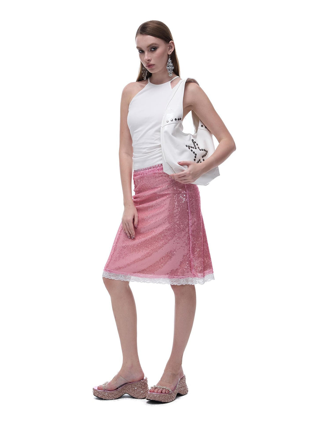 START THE ENGINE Sparkling Sequin Sheer Lace Trim Low Rise Straight Women's Lace Midi Skirts