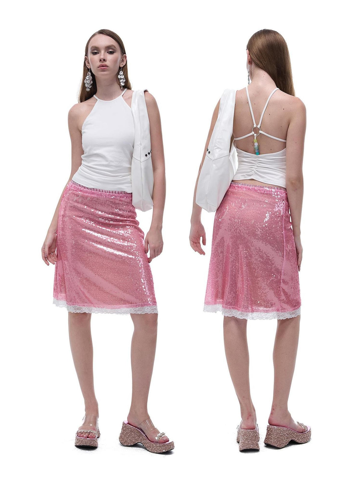 START THE ENGINE Sparkling Sequin Sheer Lace Trim Low Rise Straight Women's Lace Midi Skirts