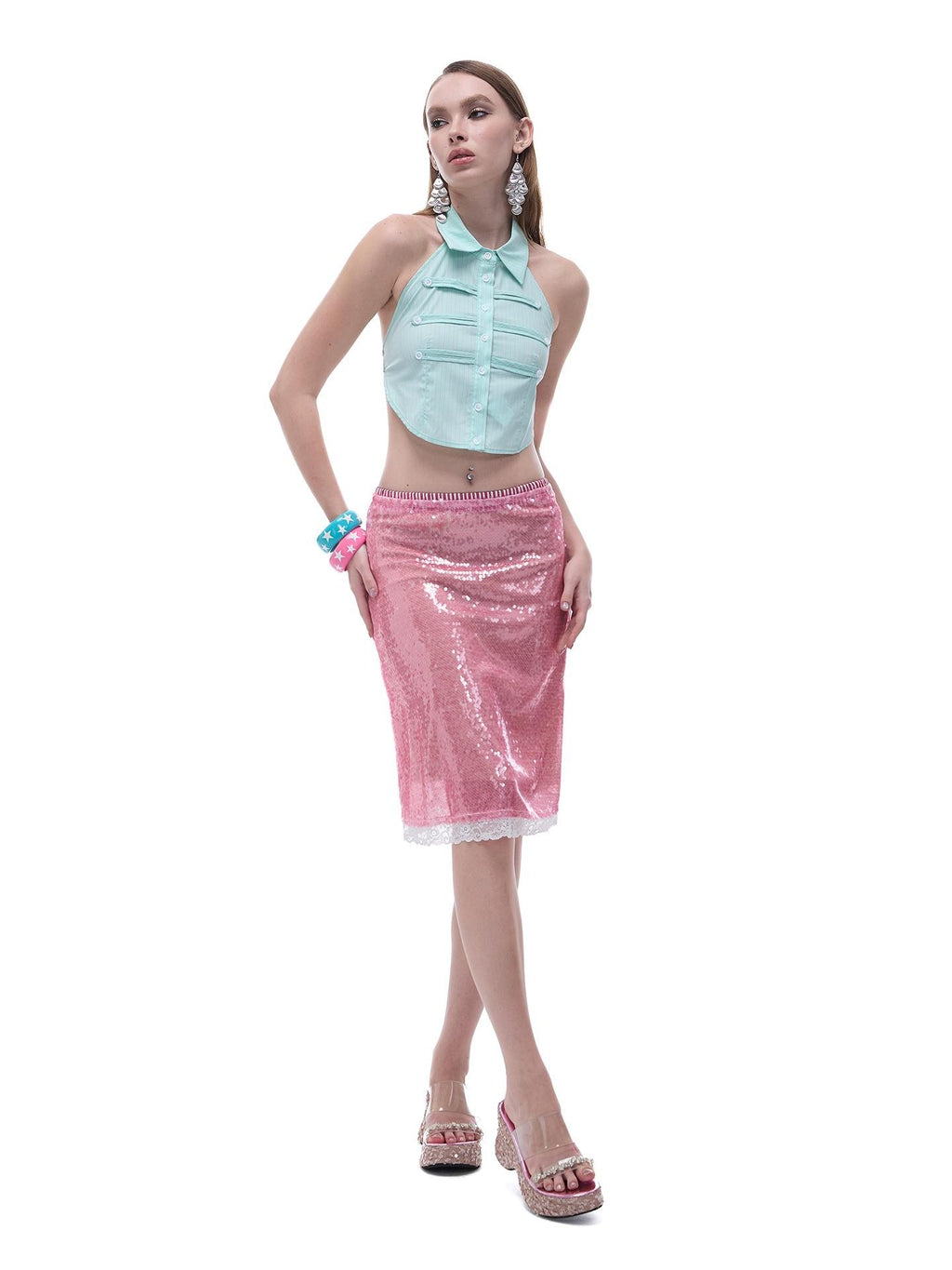 START THE ENGINE Sparkling Sequin Sheer Lace Trim Low Rise Straight Women's Lace Midi Skirts
