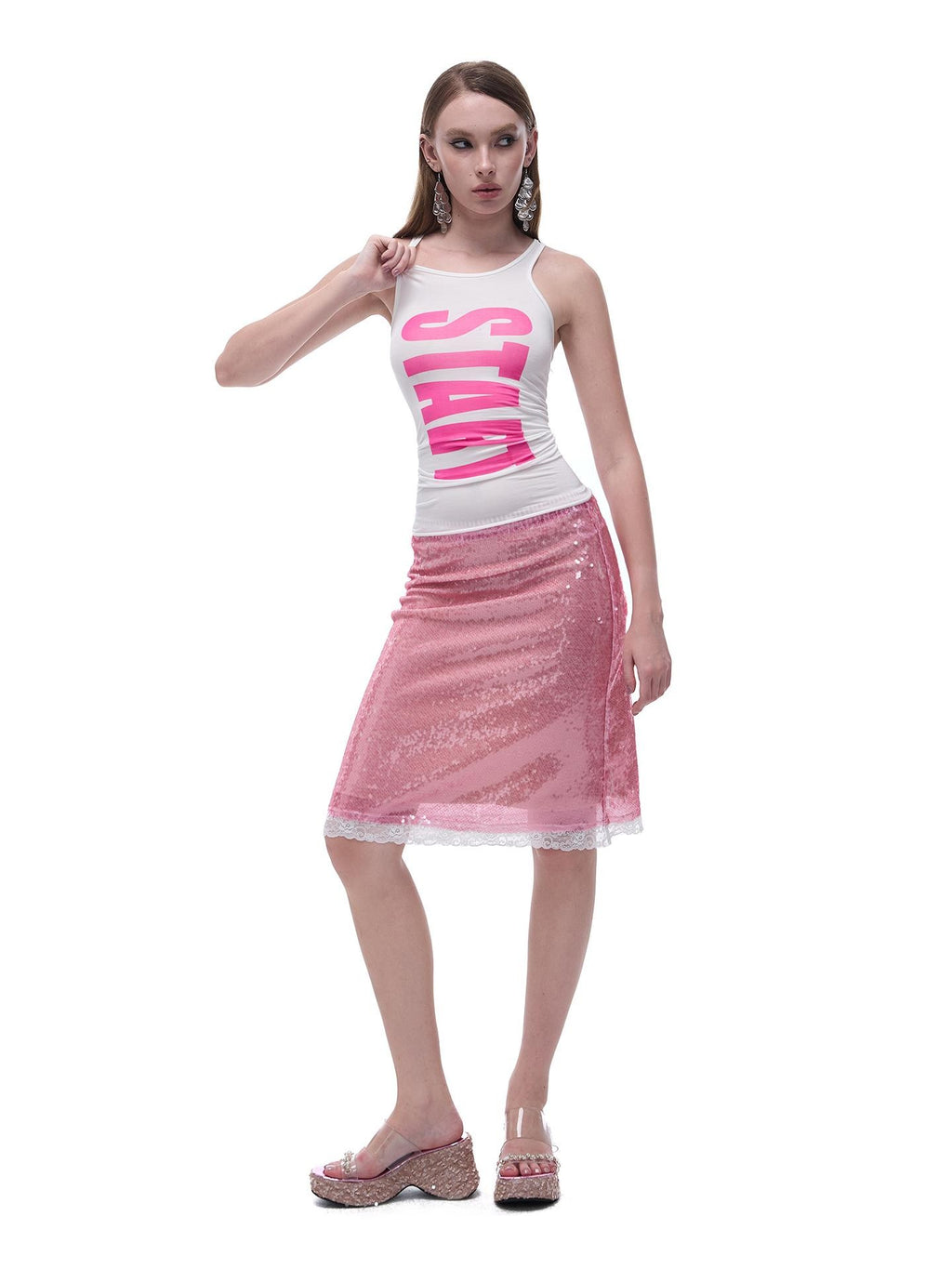 START THE ENGINE Sparkling Sequin Sheer Lace Trim Low Rise Straight Women's Lace Midi Skirts