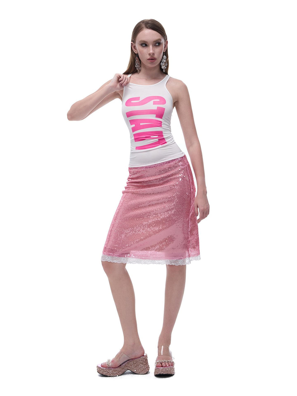 START THE ENGINE Sparkling Sequin Sheer Lace Trim Low Rise Straight Women's Lace Midi Skirts