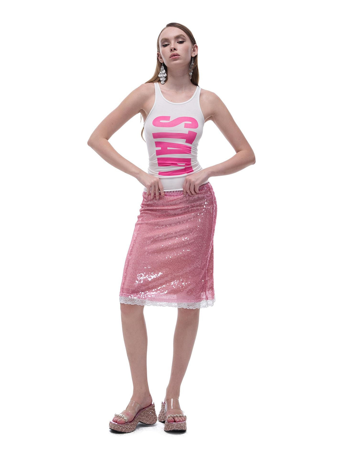 START THE ENGINE Sparkling Sequin Sheer Lace Trim Low Rise Straight Women's Lace Midi Skirts
