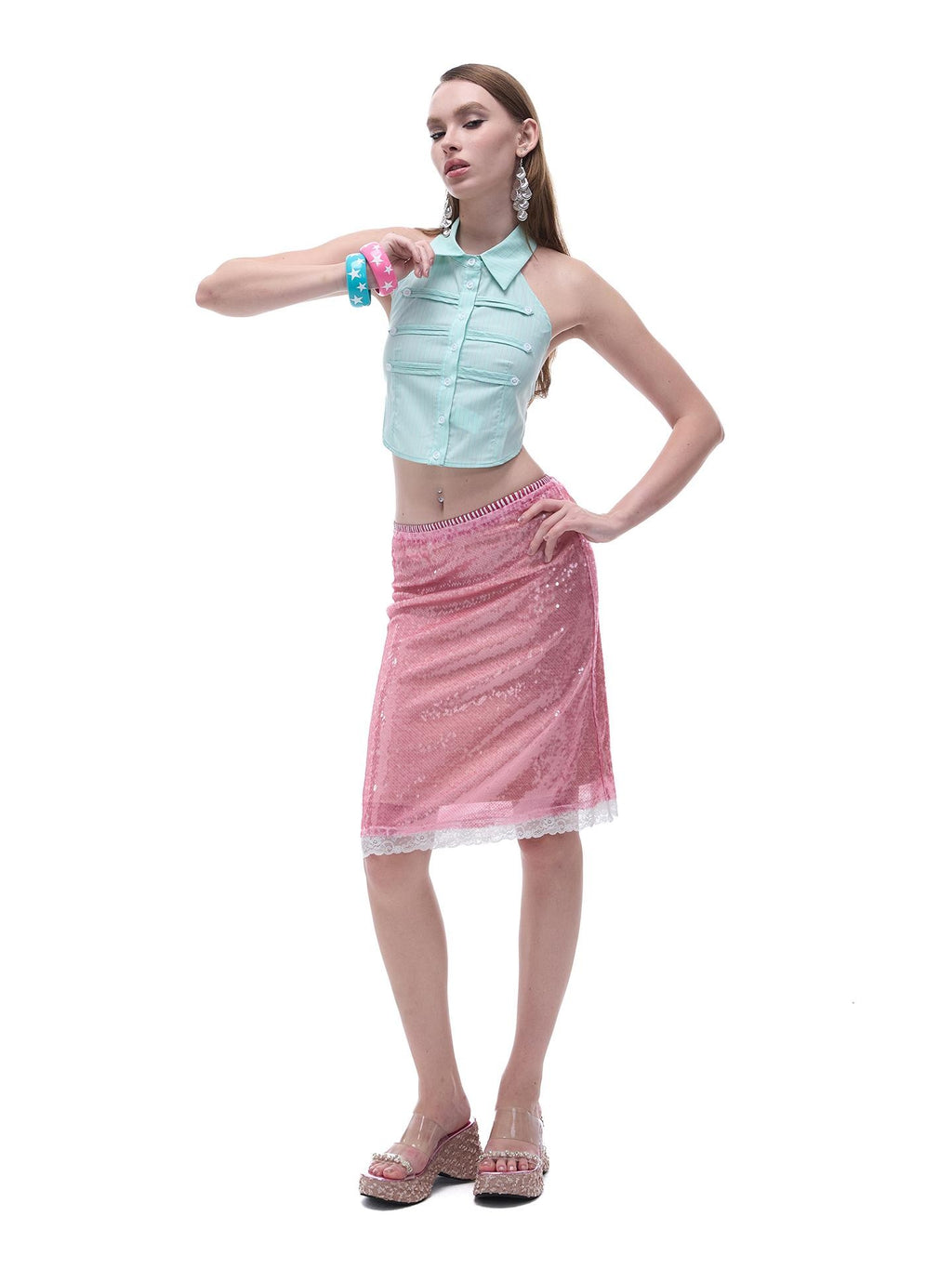 START THE ENGINE Sparkling Sequin Sheer Lace Trim Low Rise Straight Women's Lace Midi Skirts