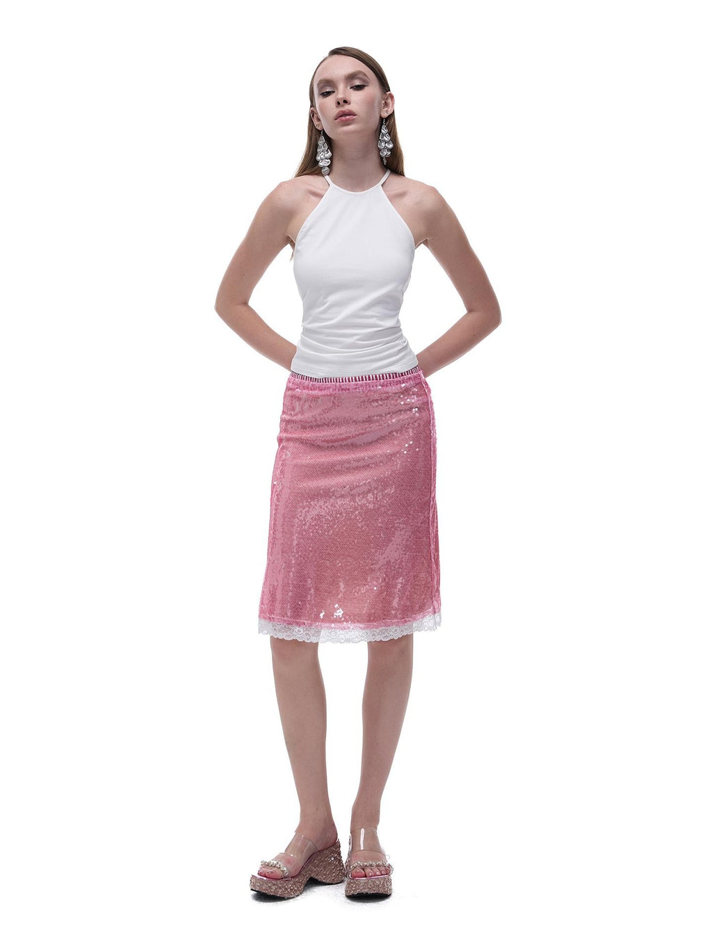 START THE ENGINE Sparkling Sequin Sheer Lace Trim Low Rise Straight Women's Lace Midi Skirts