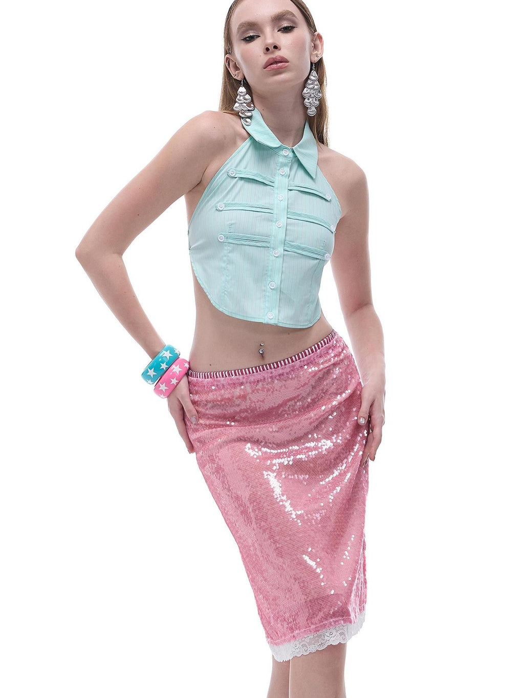 START THE ENGINE Sparkling Sequin Sheer Lace Trim Low Rise Straight Women's Lace Midi Skirts