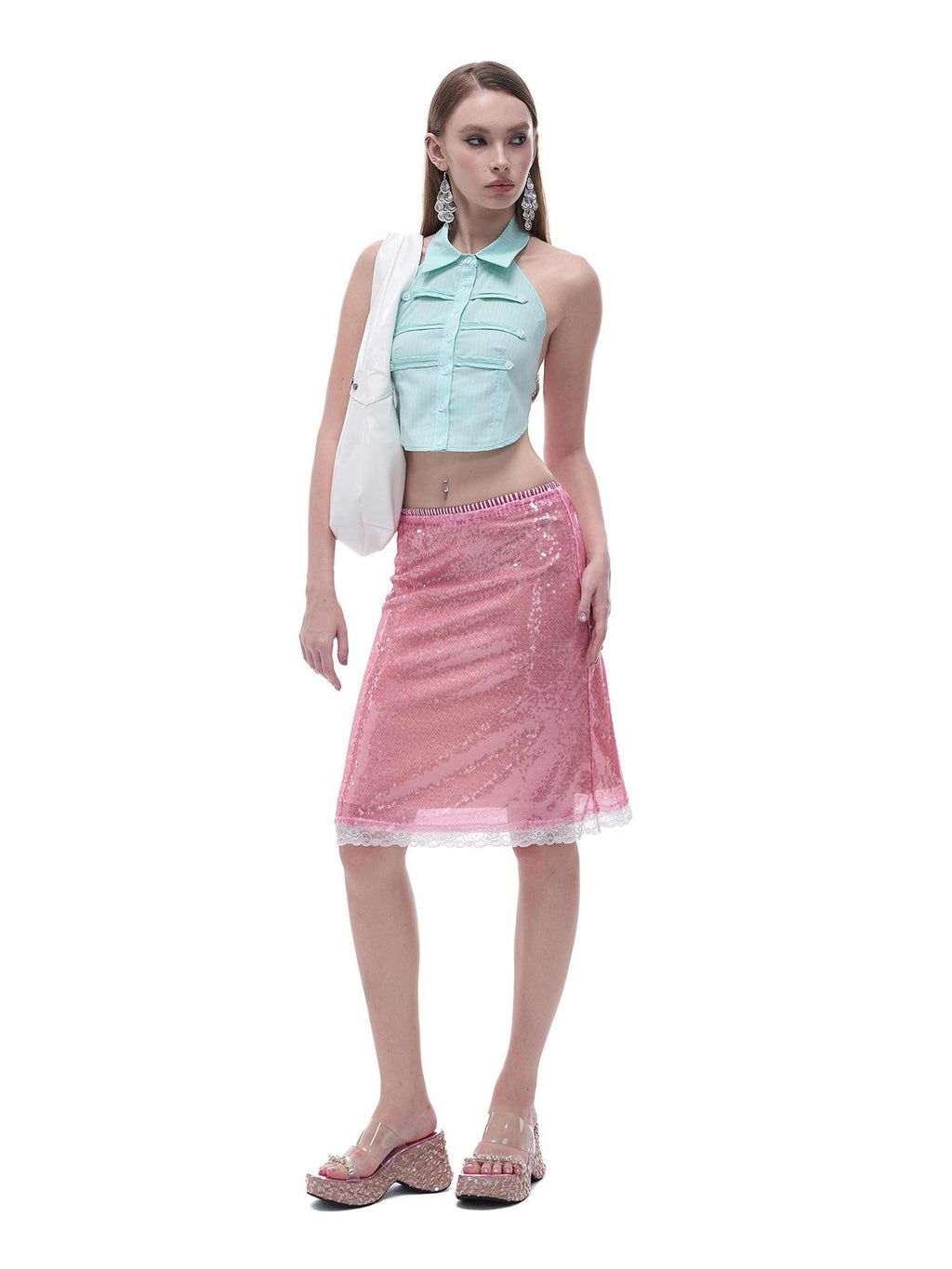 START THE ENGINE Sparkling Sequin Sheer Lace Trim Low Rise Straight Women's Lace Midi Skirts