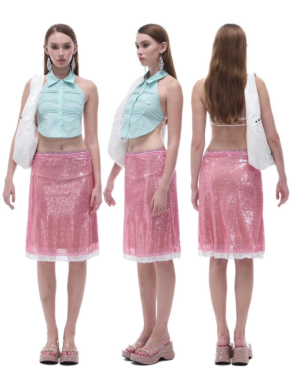 START THE ENGINE Sparkling Sequin Sheer Lace Trim Low Rise Straight Women's Lace Midi Skirts