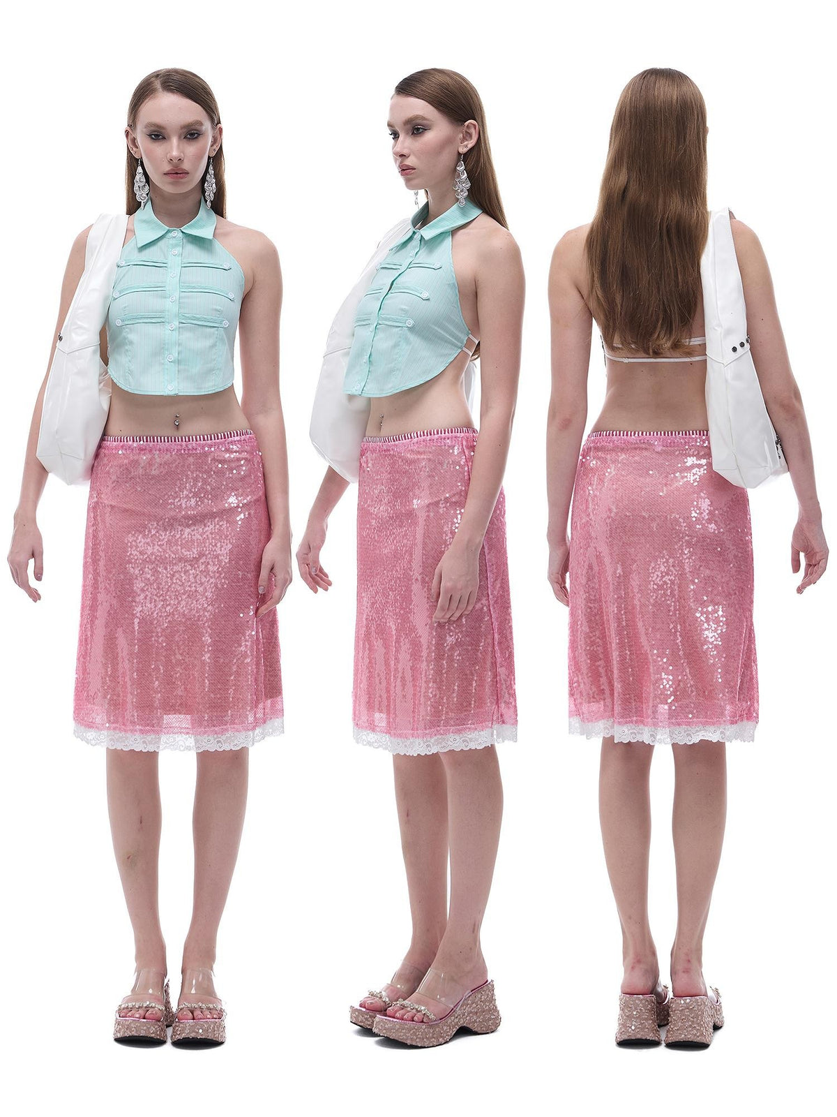 START THE ENGINE Sparkling Sequin Sheer Lace Trim Low Rise Straight Women's Lace Midi Skirts