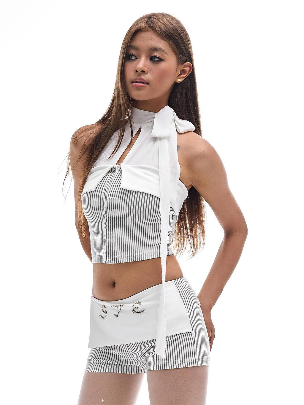 START THE ENGINE Striped Mesh Splice Backless Buttoned Slim Women's Mesh Halter Tops