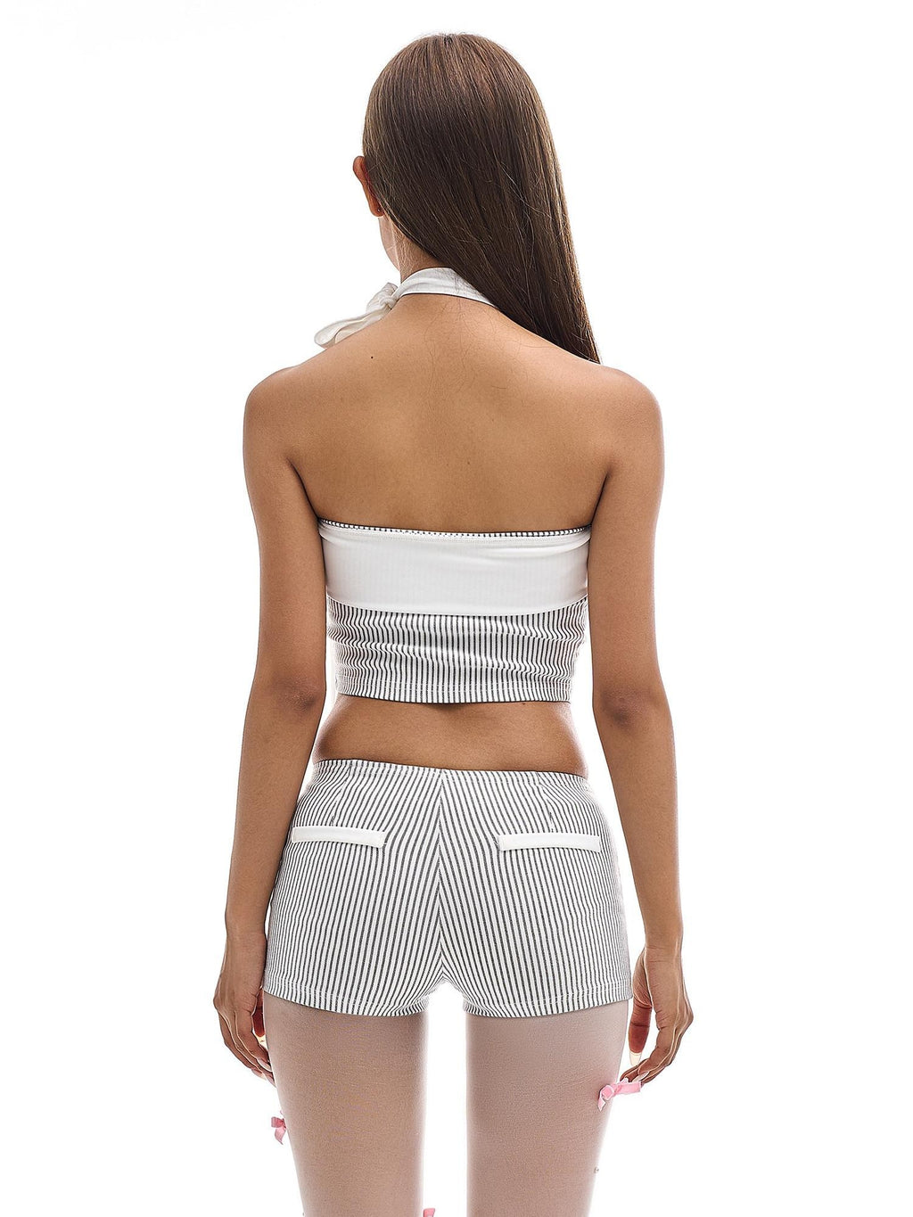 START THE ENGINE Striped Mesh Splice Backless Buttoned Slim Women's Mesh Halter Tops