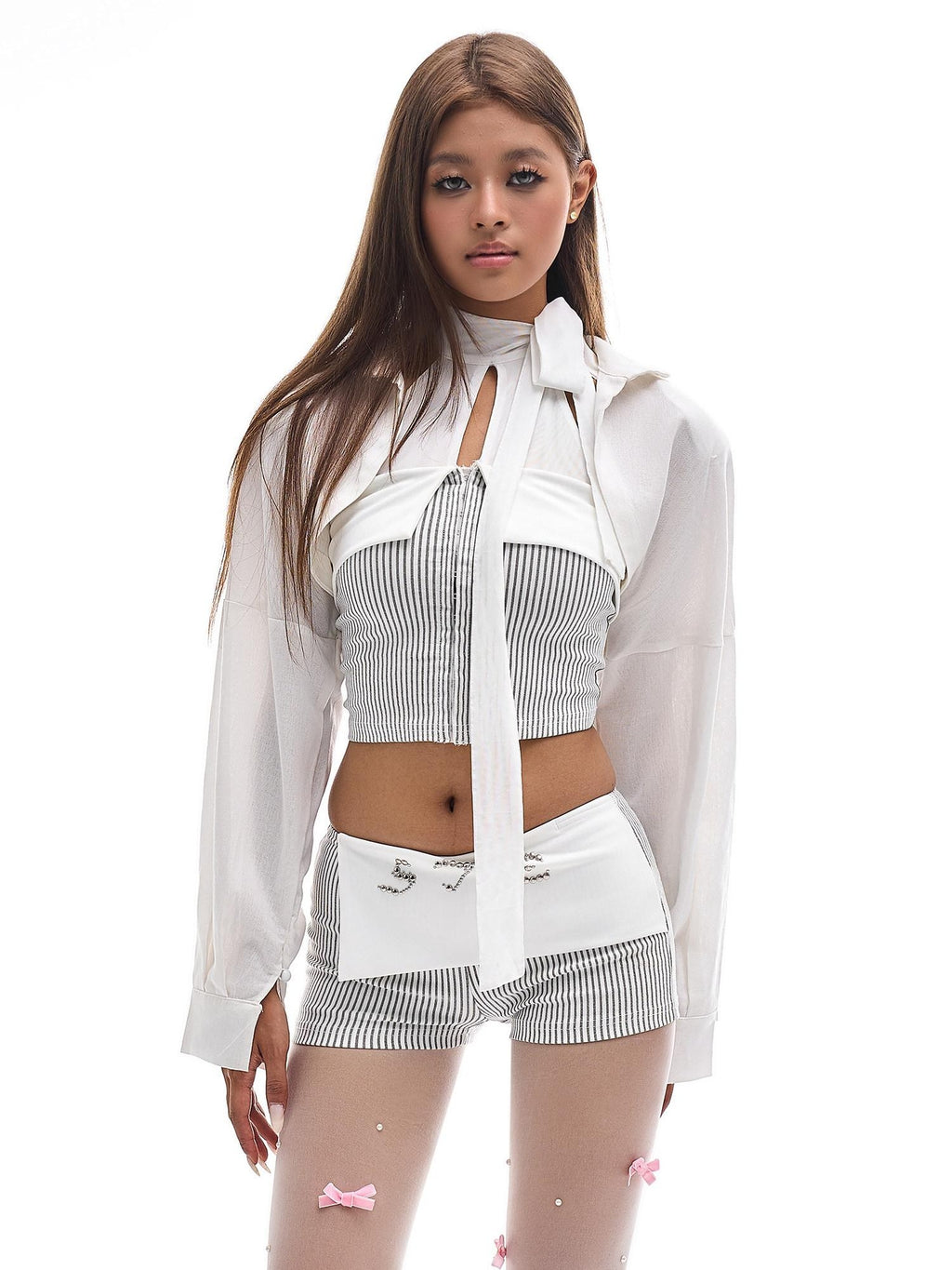START THE ENGINE Striped Mesh Splice Backless Buttoned Slim Women's Mesh Halter Tops