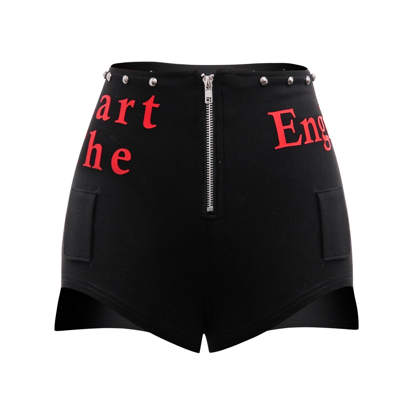 START_THE_ENGINE_Studded_Asymmetrical_Letter_Print_High_Waist_Zipper_Women's_Viscose_Hot_Pants_979927002912_MISSTT