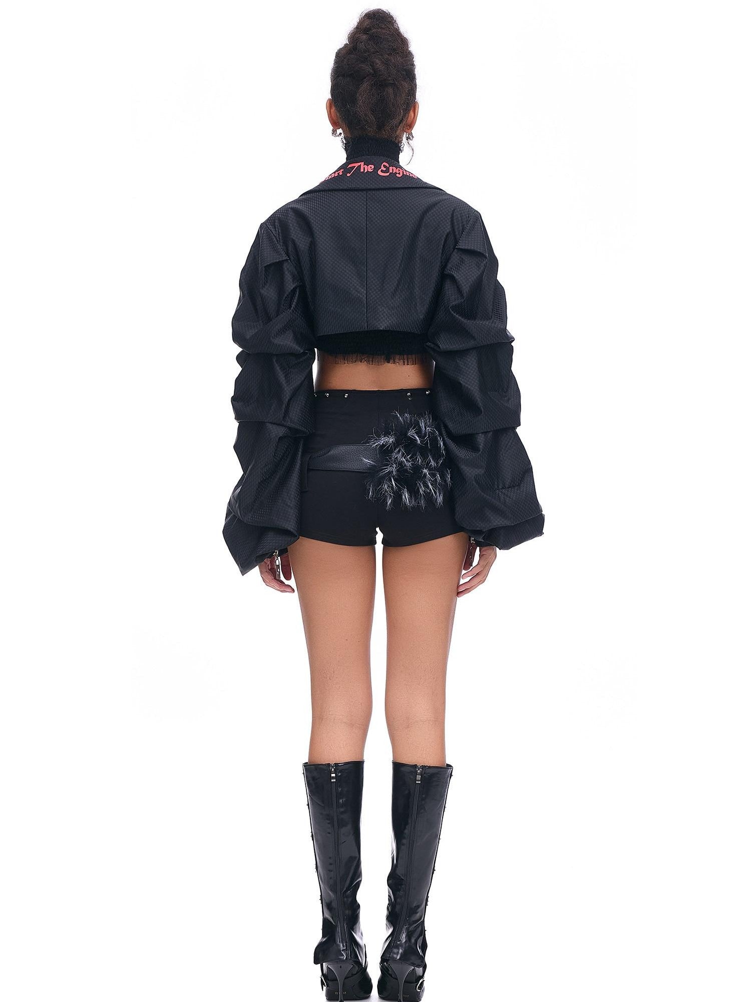 START THE ENGINE Studded Asymmetrical Letter Print High Waist Zipper Women's Viscose Hot Pants