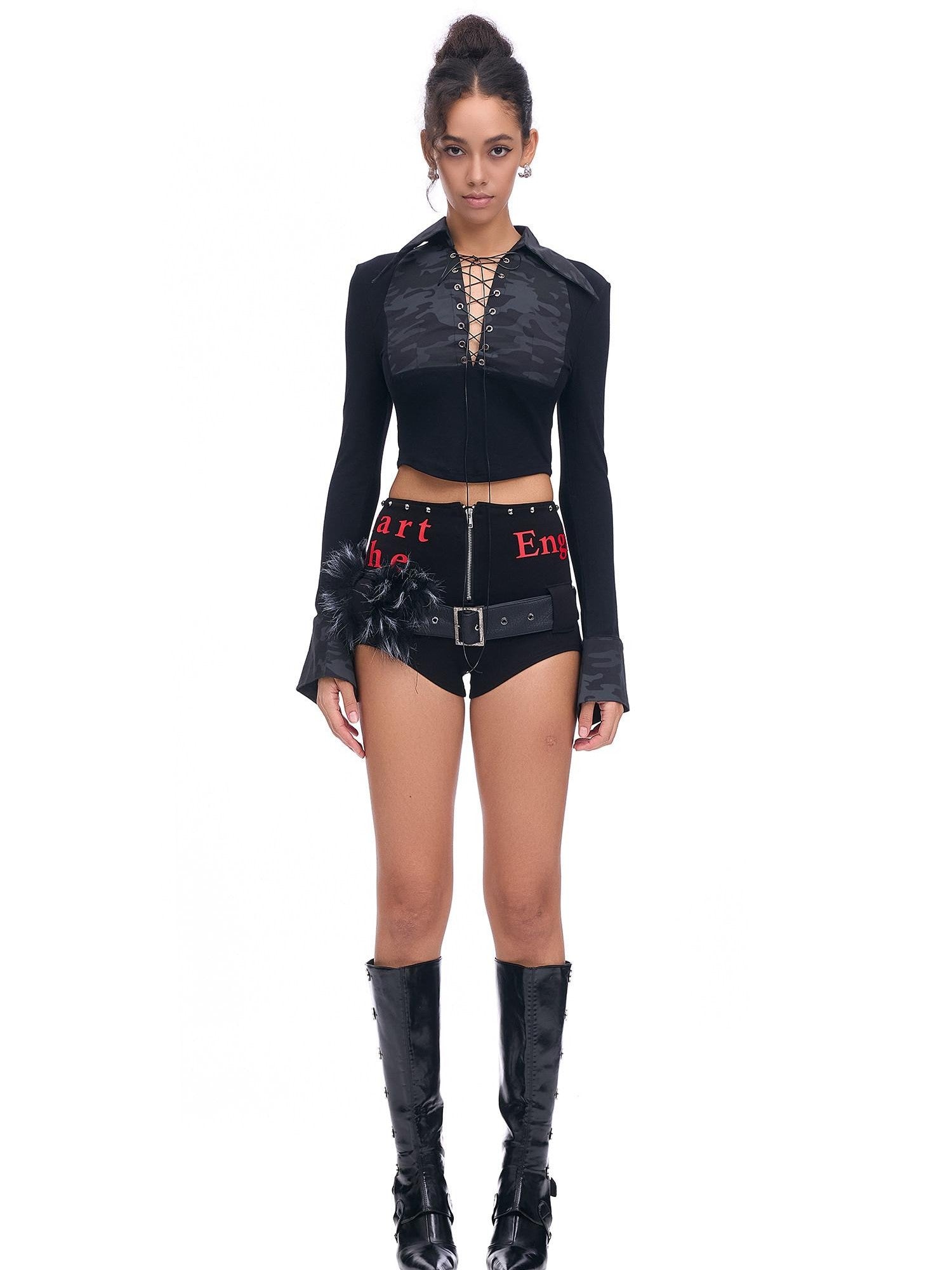 START THE ENGINE Studded Asymmetrical Letter Print High Waist Zipper Women's Viscose Hot Pants