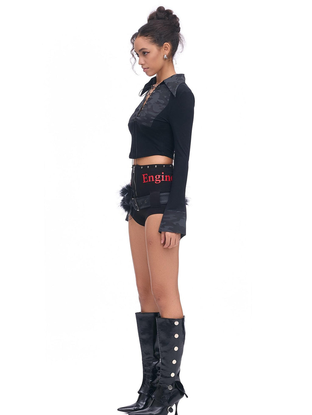 START THE ENGINE Studded Asymmetrical Letter Print High Waist Zipper Women's Viscose Hot Pants