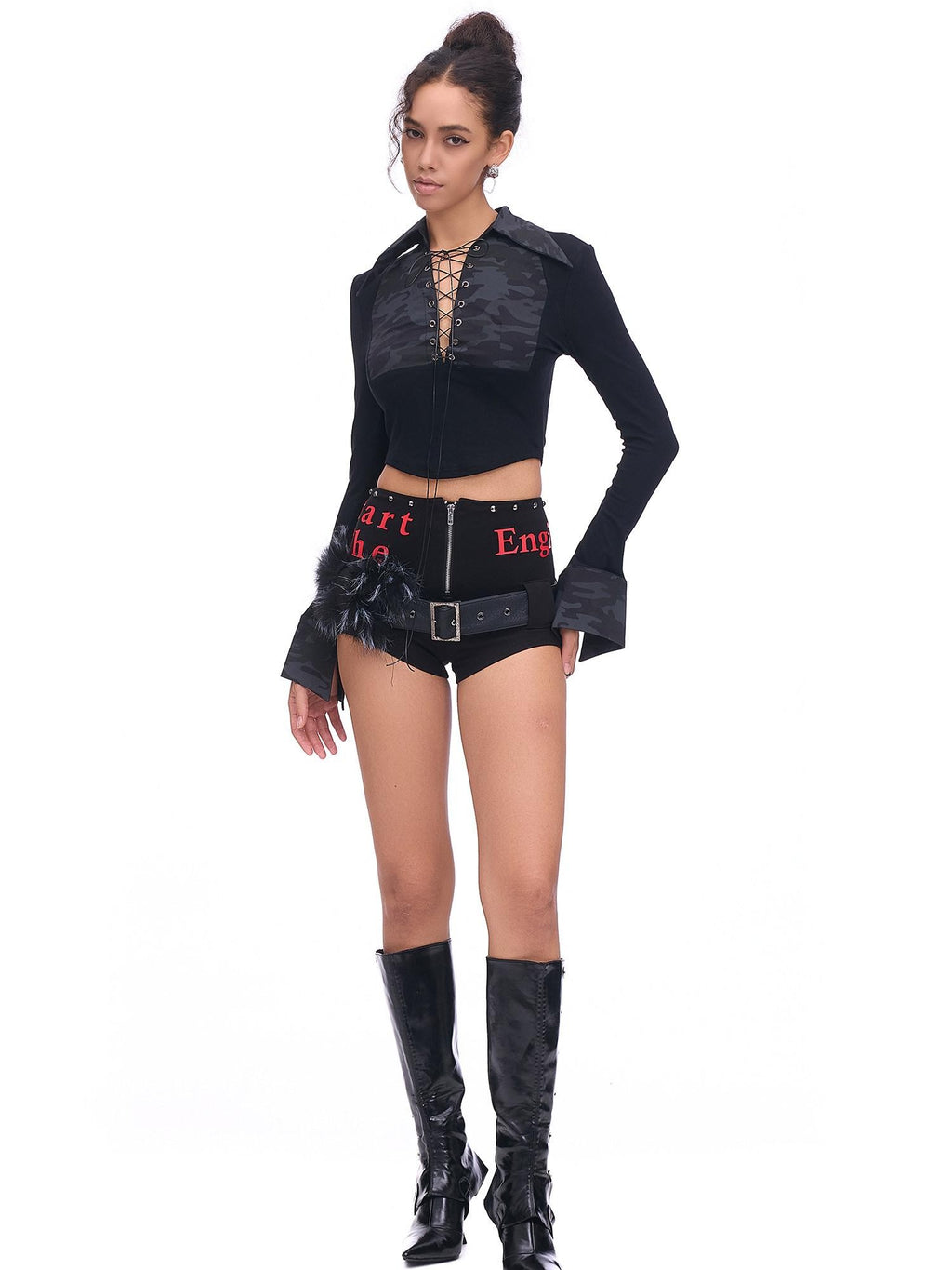 START THE ENGINE Studded Asymmetrical Letter Print High Waist Zipper Women's Viscose Hot Pants