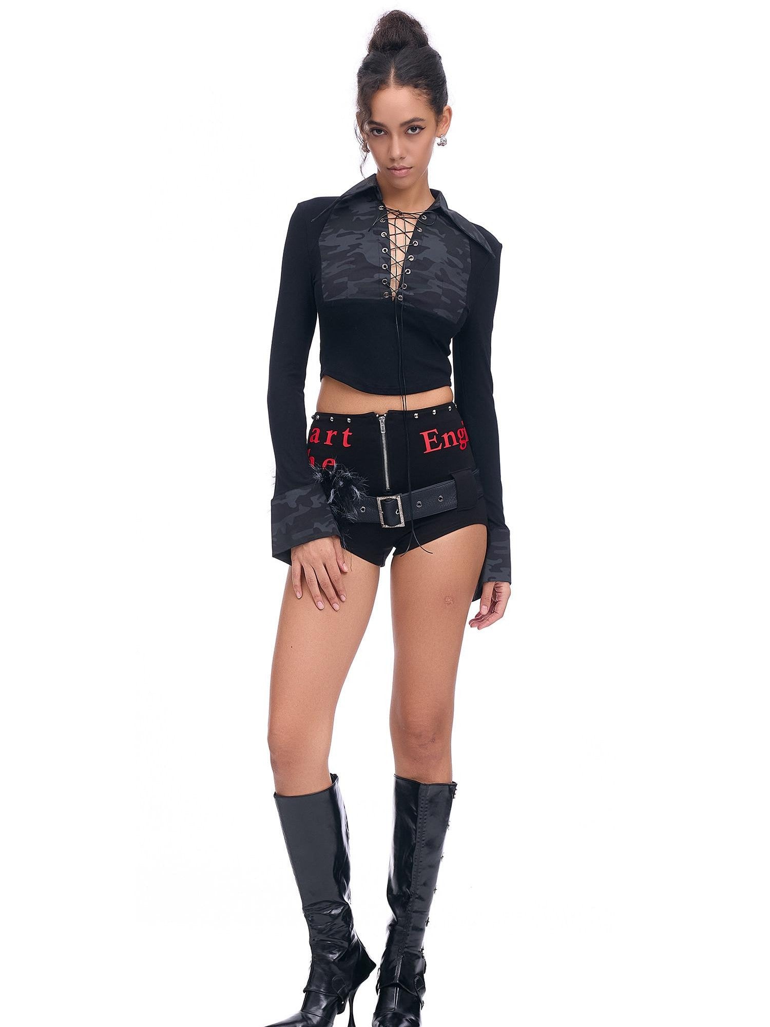 START THE ENGINE Studded Asymmetrical Letter Print High Waist Zipper Women's Viscose Hot Pants