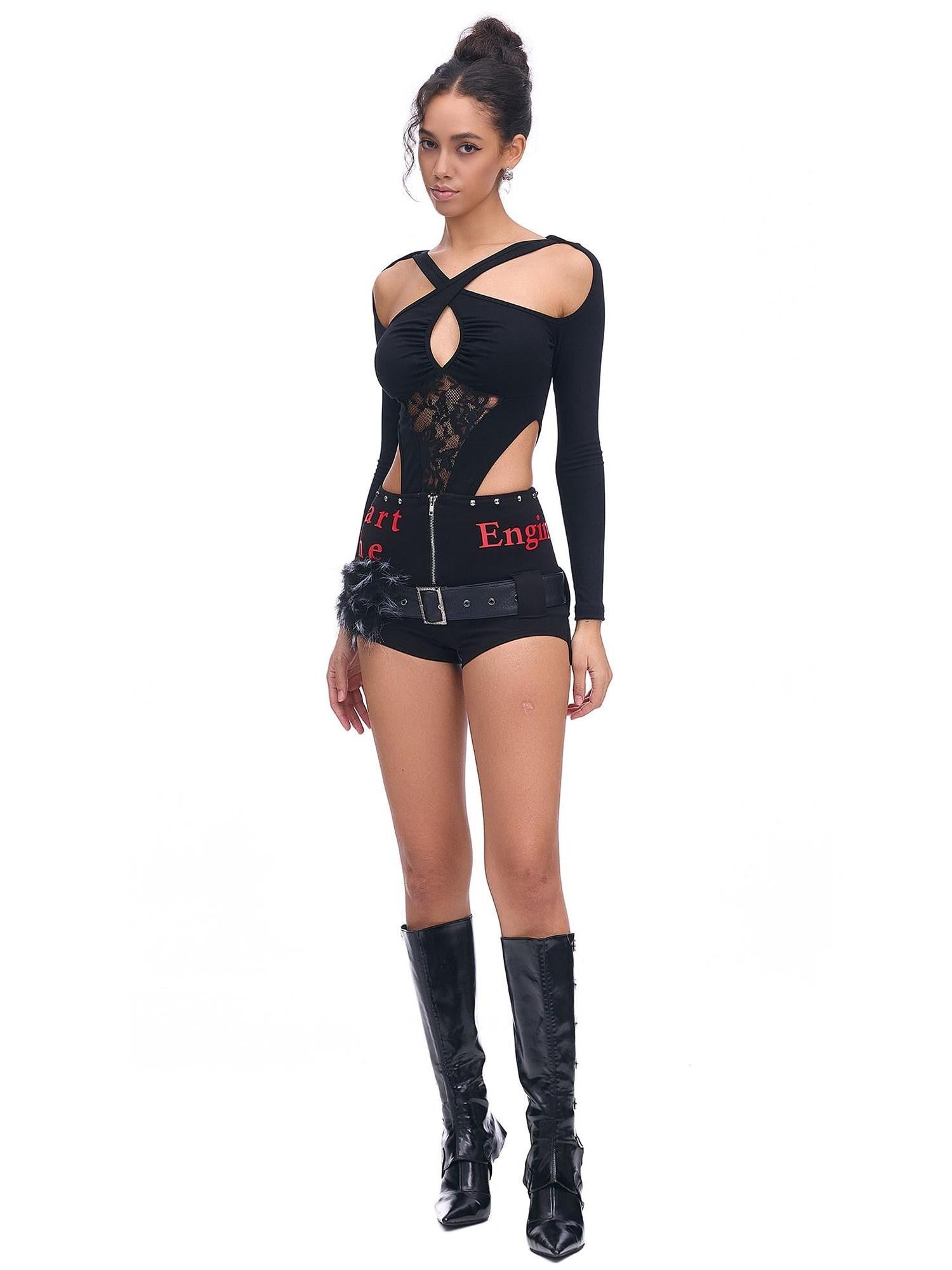 START THE ENGINE Studded Asymmetrical Letter Print High Waist Zipper Women's Viscose Hot Pants