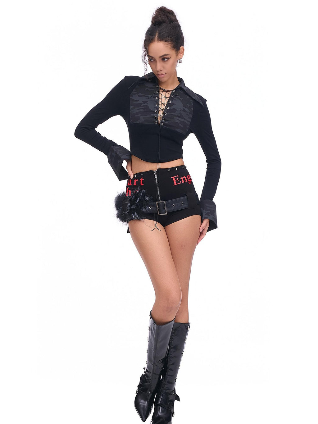 START THE ENGINE Studded Asymmetrical Letter Print High Waist Zipper Women's Viscose Hot Pants