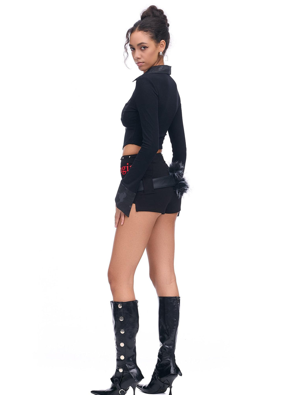 START THE ENGINE Studded Asymmetrical Letter Print High Waist Zipper Women's Viscose Hot Pants