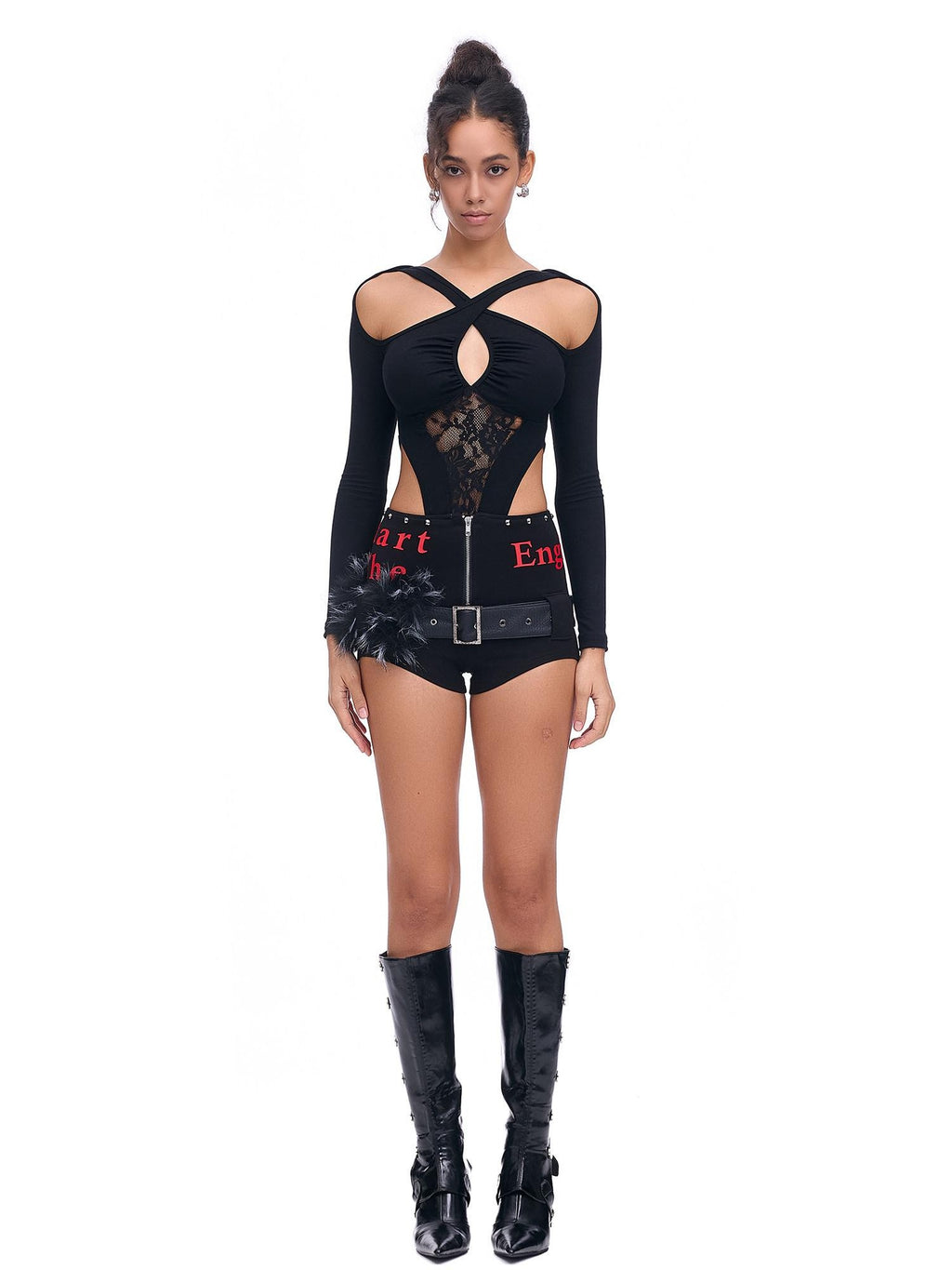 START THE ENGINE Studded Asymmetrical Letter Print High Waist Zipper Women's Viscose Hot Pants
