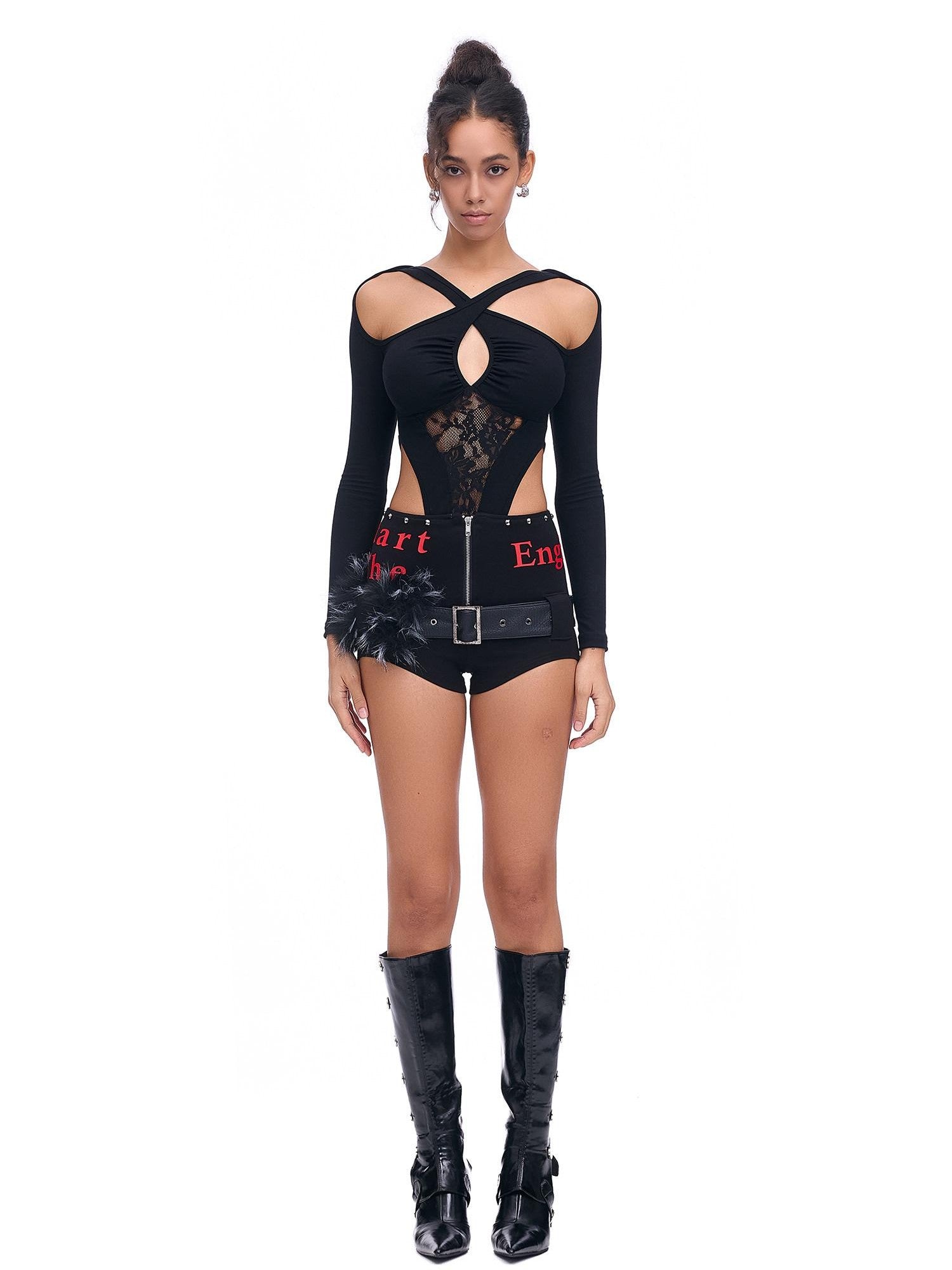 START THE ENGINE Studded Asymmetrical Letter Print High Waist Zipper Women's Viscose Hot Pants