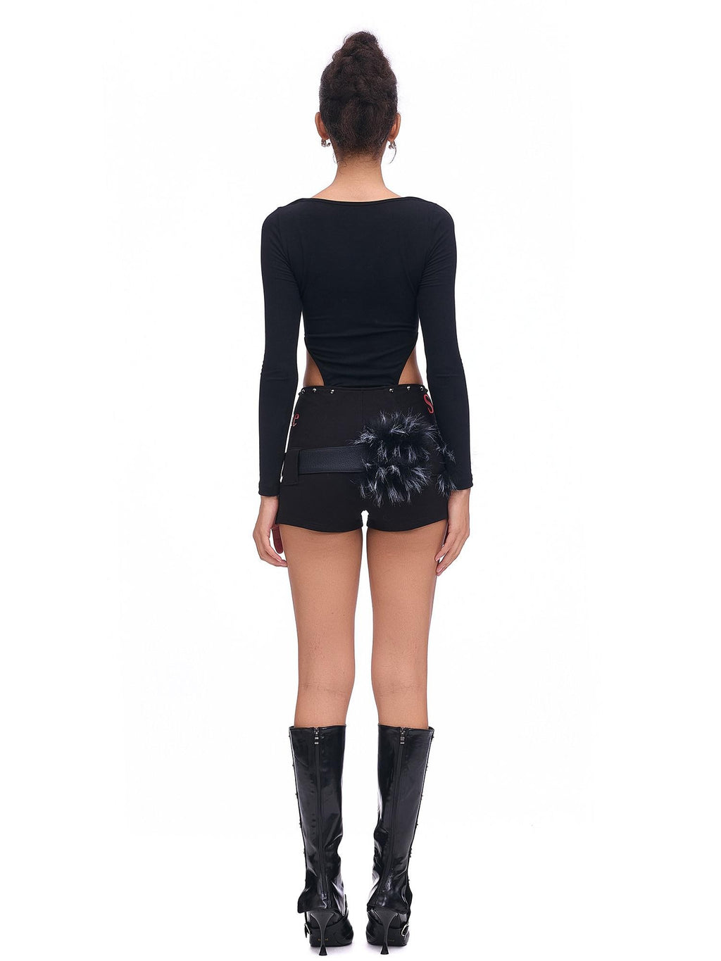 START THE ENGINE Studded Asymmetrical Letter Print High Waist Zipper Women's Viscose Hot Pants