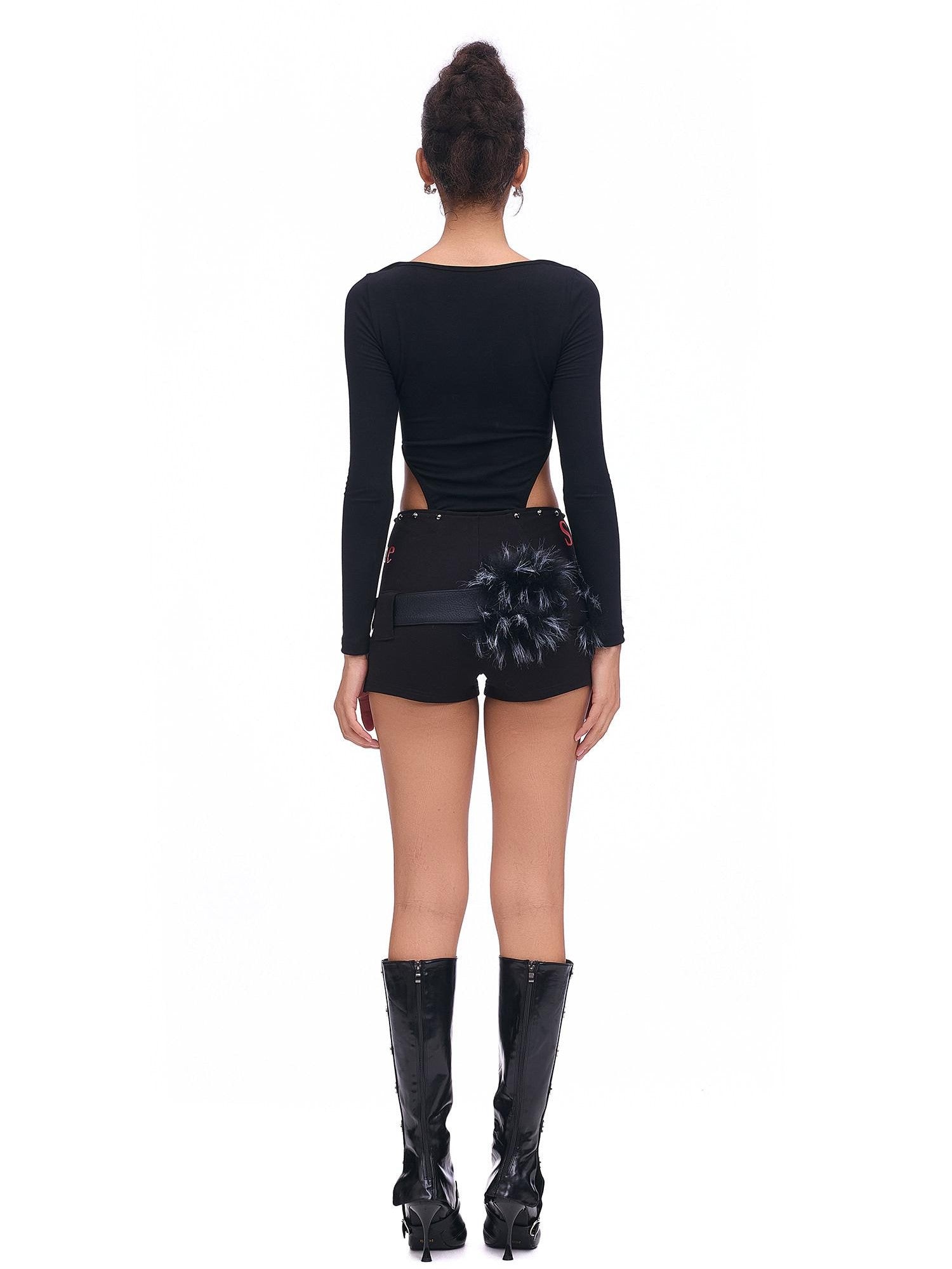 START THE ENGINE Studded Asymmetrical Letter Print High Waist Zipper Women's Viscose Hot Pants