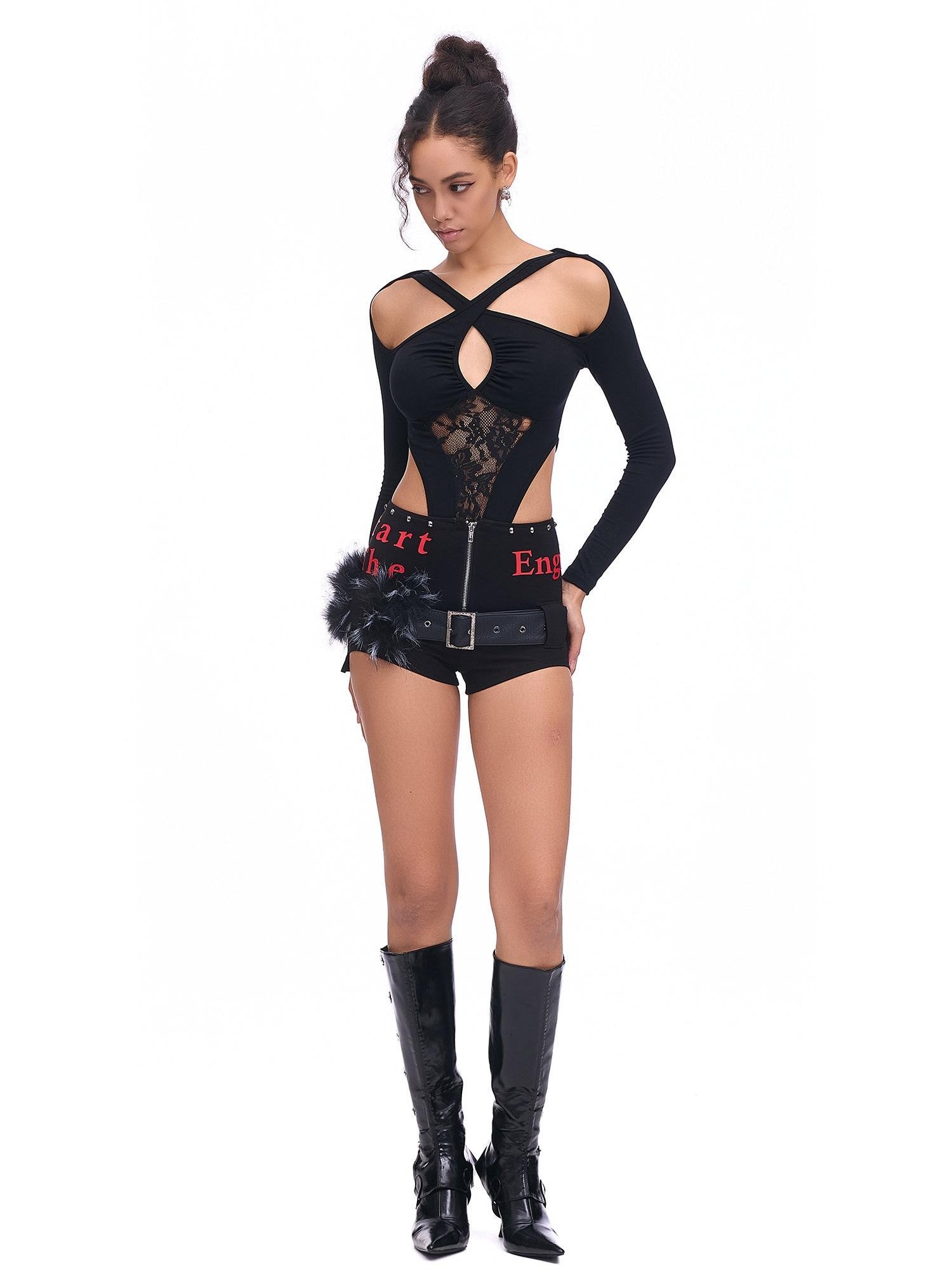 START THE ENGINE Studded Asymmetrical Letter Print High Waist Zipper Women's Viscose Hot Pants
