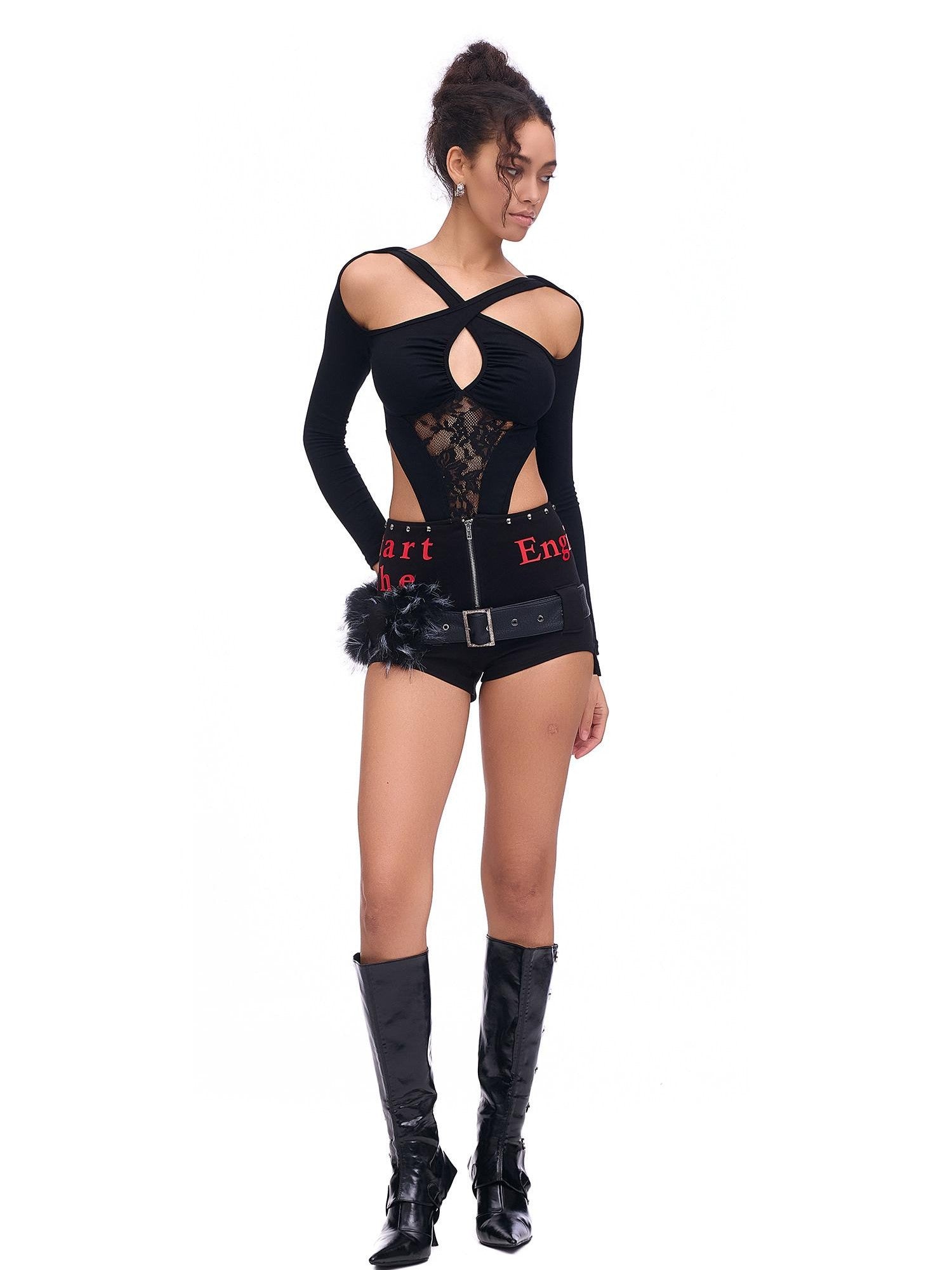 START THE ENGINE Studded Asymmetrical Letter Print High Waist Zipper Women's Viscose Hot Pants