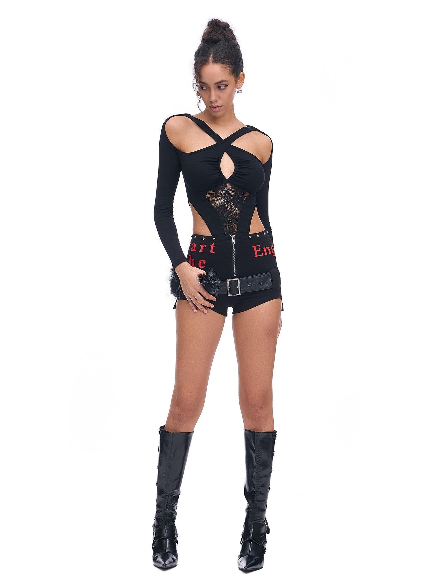 START THE ENGINE Studded Asymmetrical Letter Print High Waist Zipper Women's Viscose Hot Pants