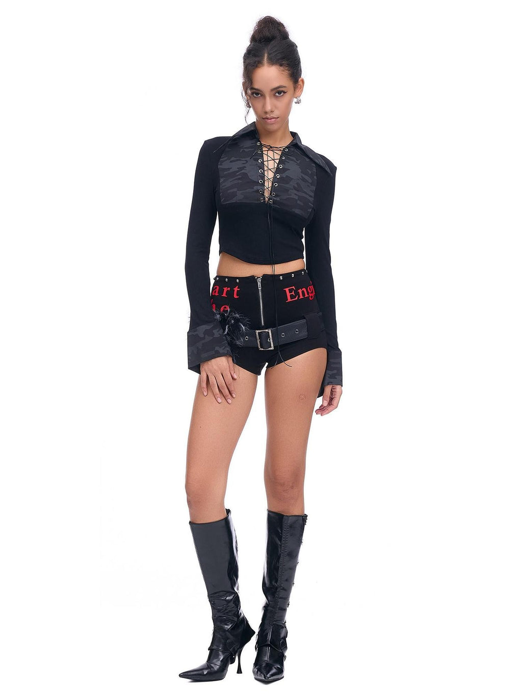 START THE ENGINE Studded Asymmetrical Letter Print High Waist Zipper Women's Viscose Hot Pants