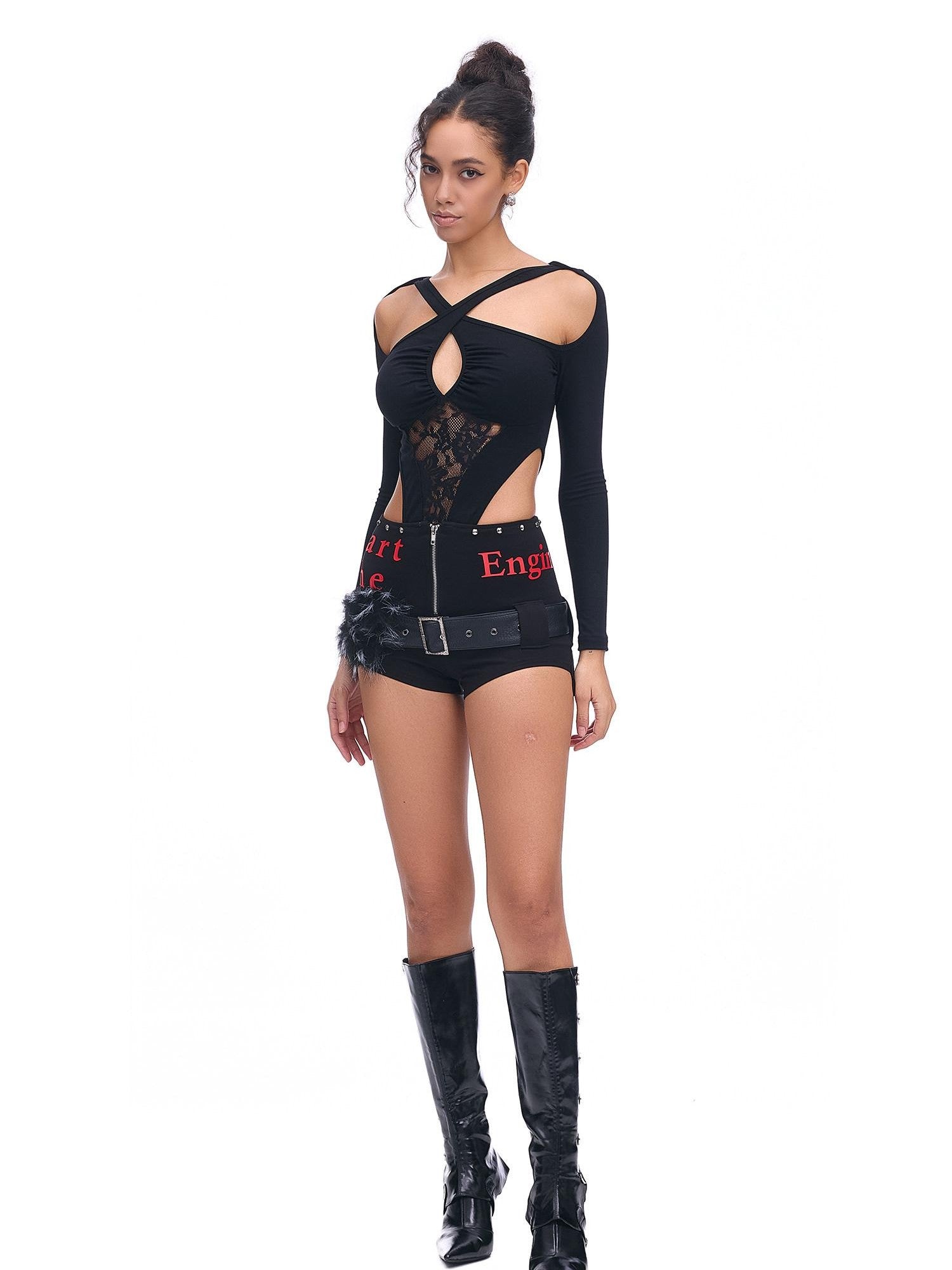 START THE ENGINE Studded Asymmetrical Letter Print High Waist Zipper Women's Viscose Hot Pants