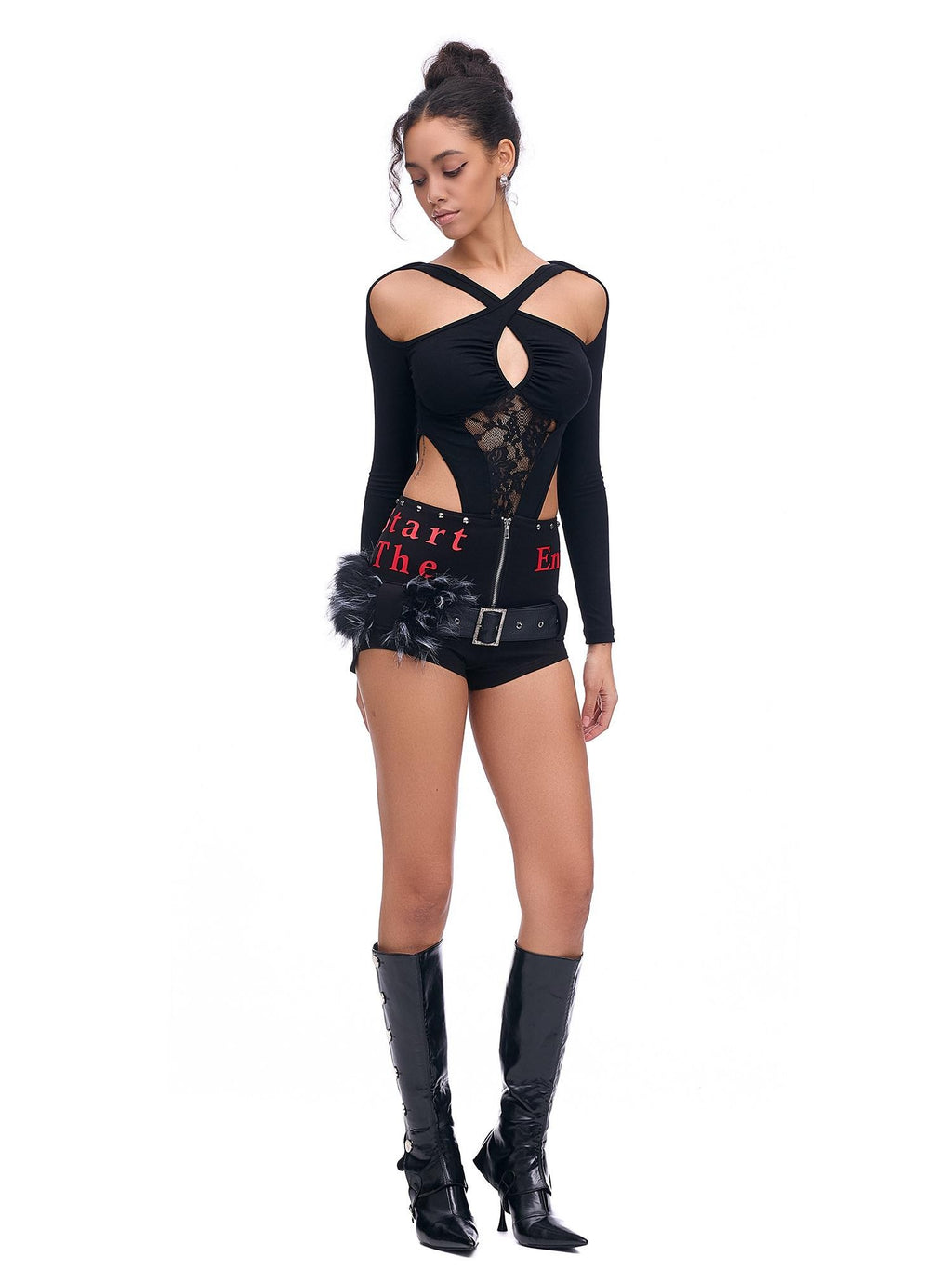 START THE ENGINE Studded Asymmetrical Letter Print High Waist Zipper Women's Viscose Hot Pants