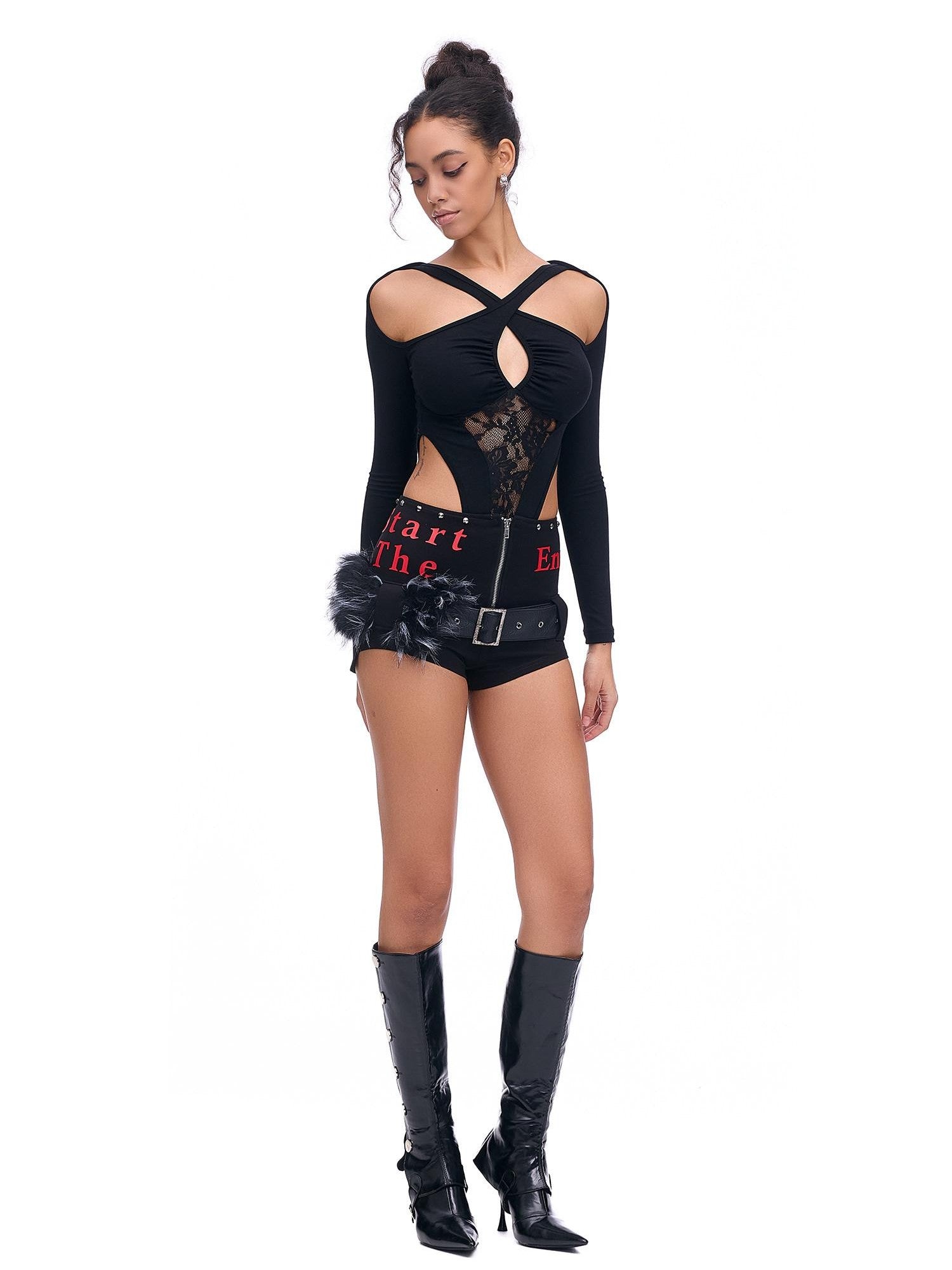 START THE ENGINE Studded Asymmetrical Letter Print High Waist Zipper Women's Viscose Hot Pants