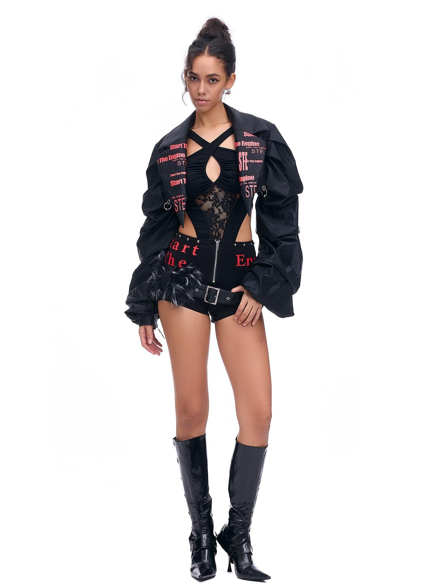 START THE ENGINE Studded Asymmetrical Letter Print High Waist Zipper Women's Viscose Hot Pants