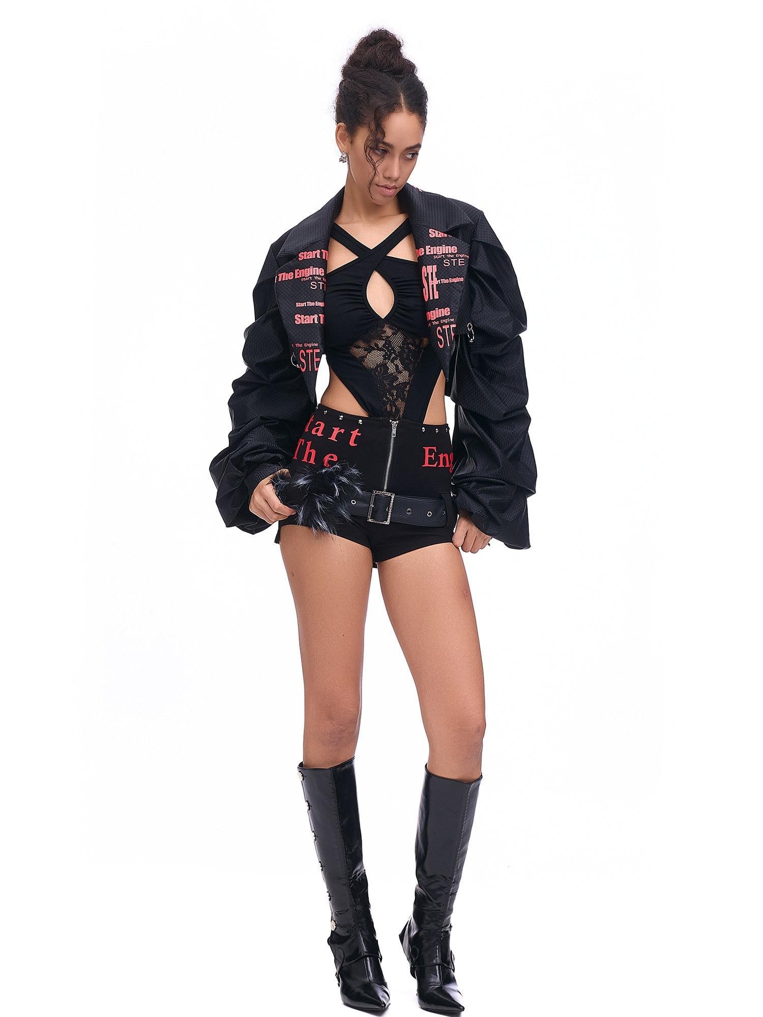 START THE ENGINE Studded Asymmetrical Letter Print High Waist Zipper Women's Viscose Hot Pants