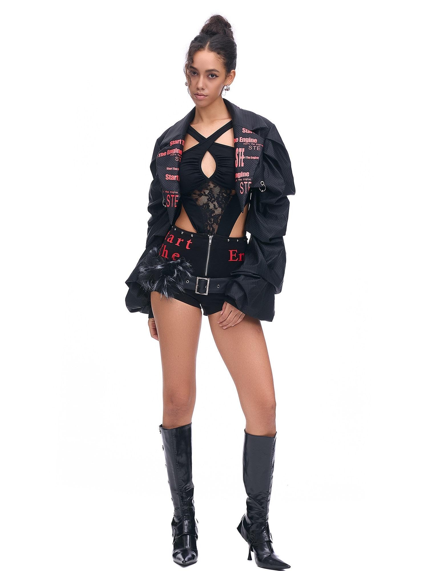 START THE ENGINE Studded Asymmetrical Letter Print High Waist Zipper Women's Viscose Hot Pants