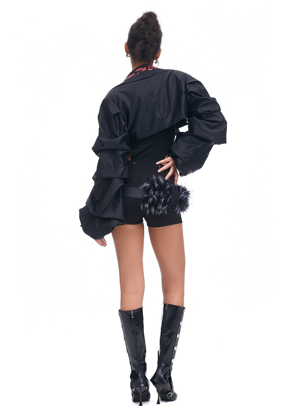 START THE ENGINE Studded Asymmetrical Letter Print High Waist Zipper Women's Viscose Hot Pants