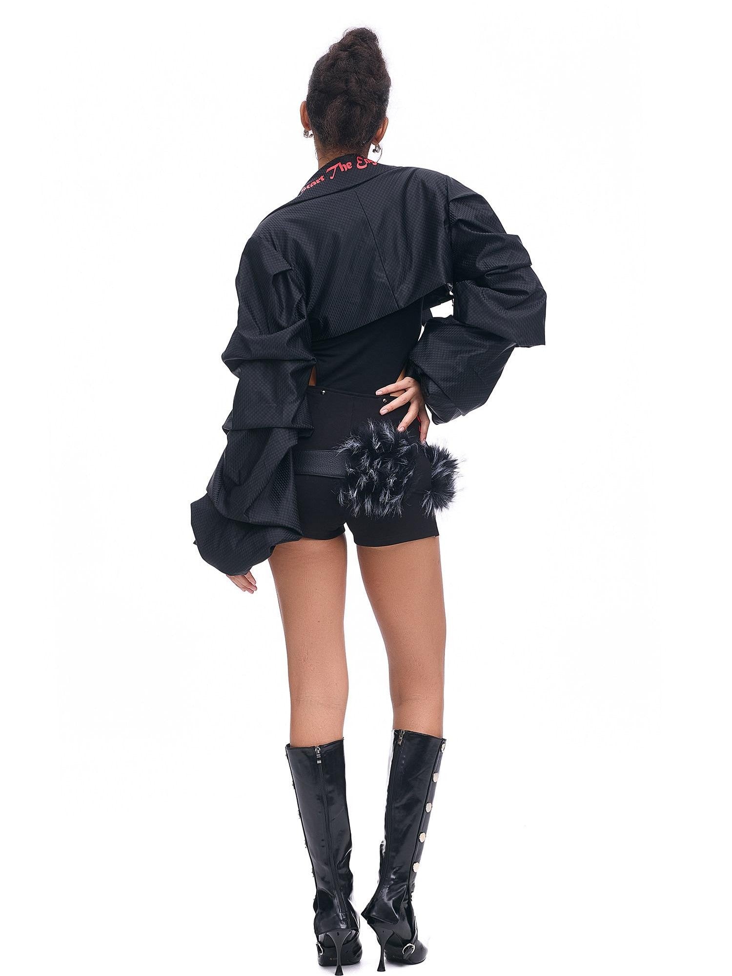 START THE ENGINE Studded Asymmetrical Letter Print High Waist Zipper Women's Viscose Hot Pants