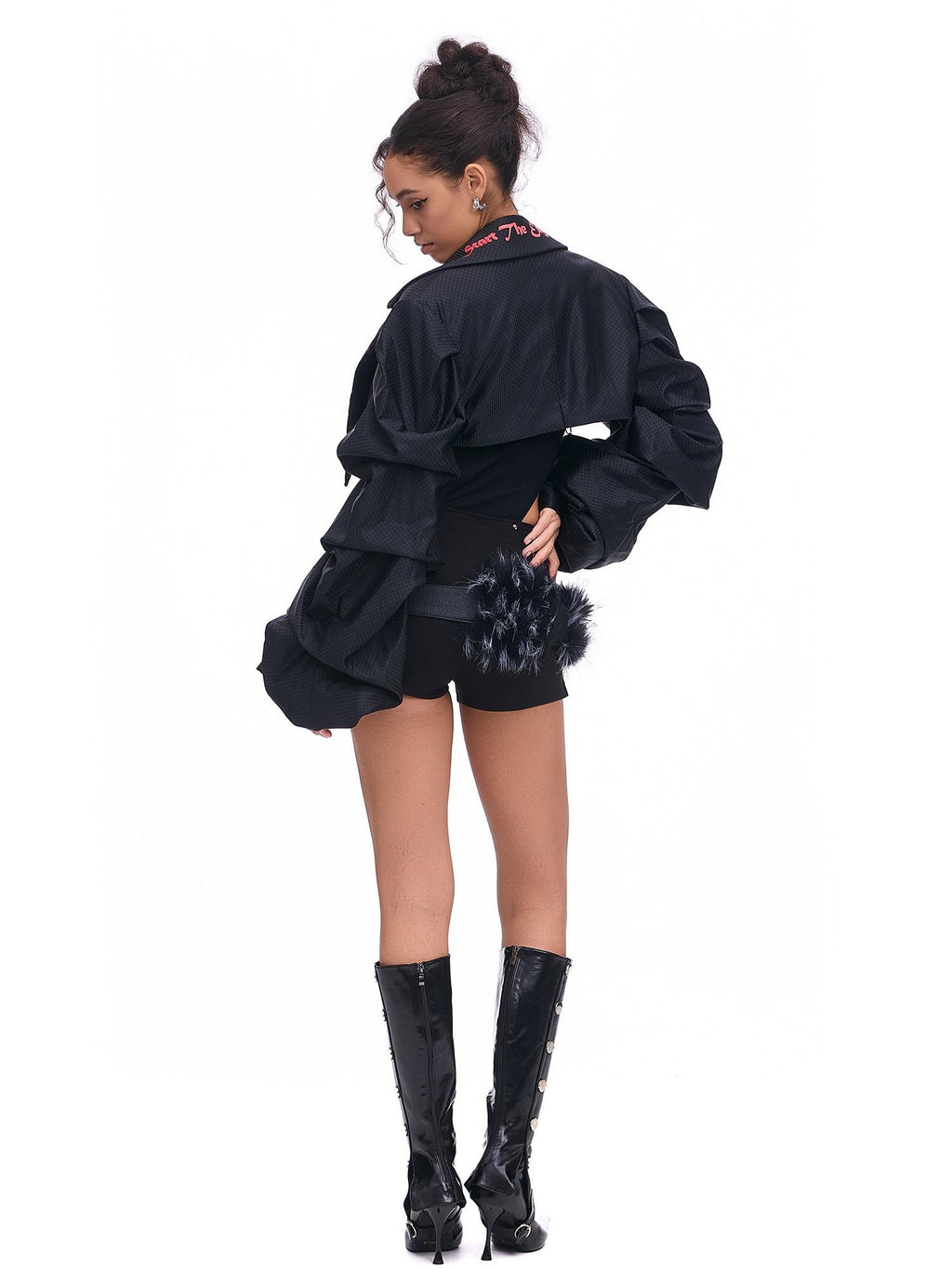 START THE ENGINE Studded Asymmetrical Letter Print High Waist Zipper Women's Viscose Hot Pants
