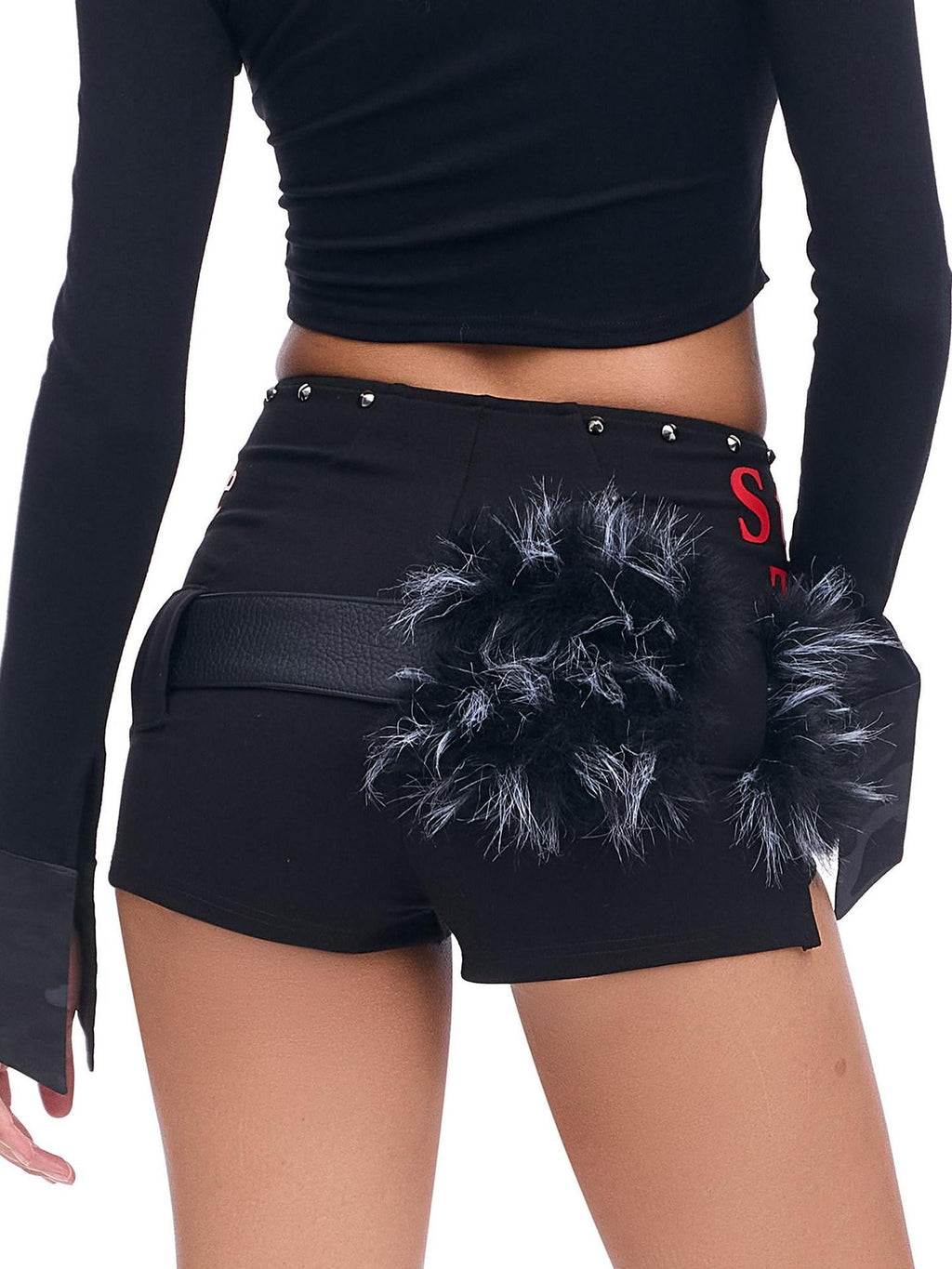 START THE ENGINE Studded Asymmetrical Letter Print High Waist Zipper Women's Viscose Hot Pants