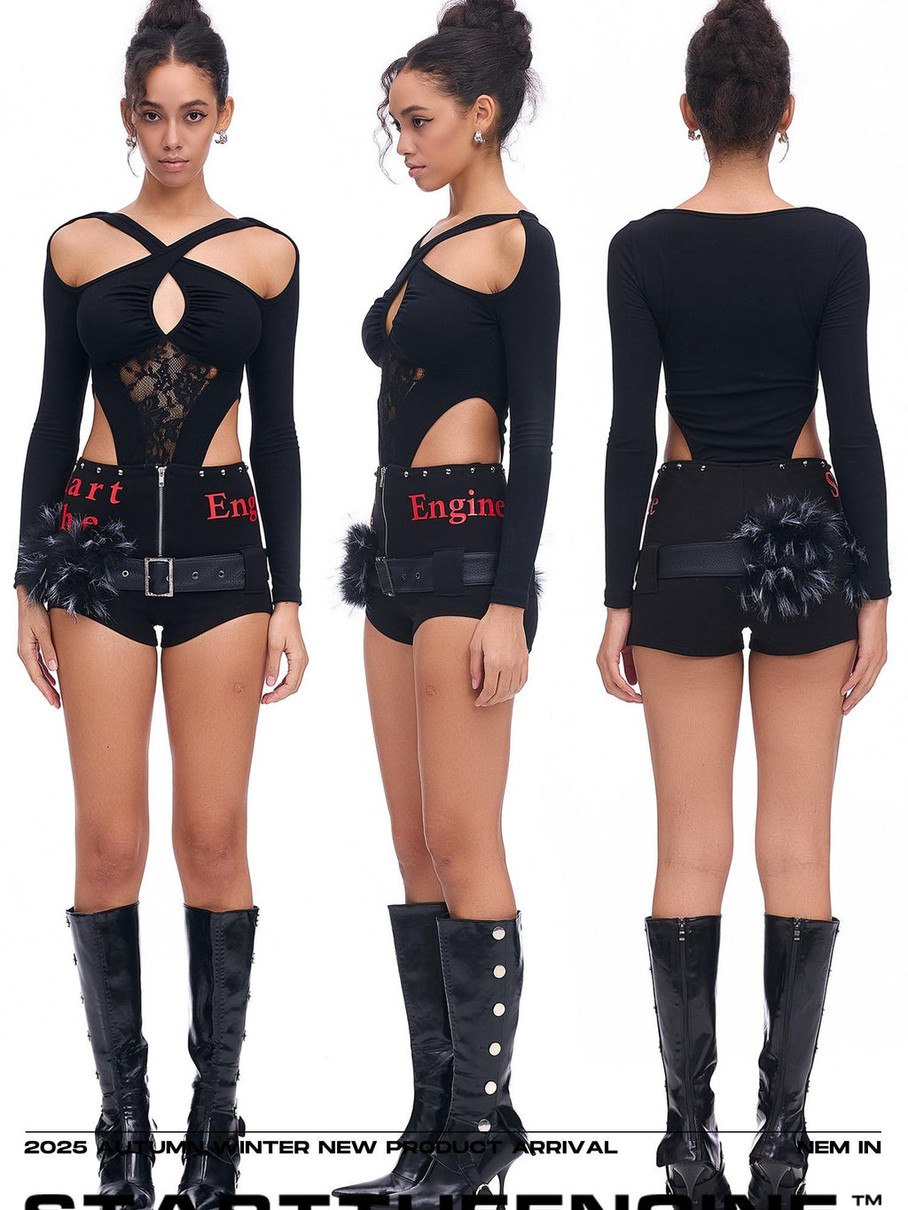 START THE ENGINE Studded Asymmetrical Letter Print High Waist Zipper Women's Viscose Hot Pants
