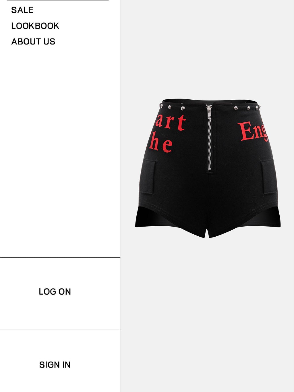 START THE ENGINE Studded Asymmetrical Letter Print High Waist Zipper Women's Viscose Hot Pants